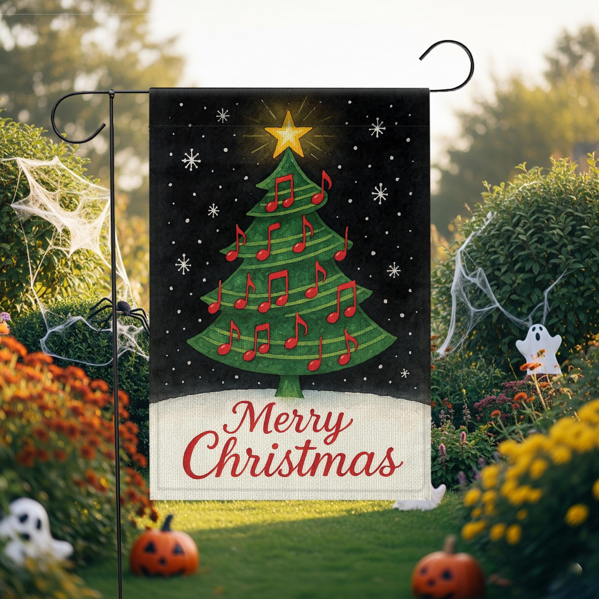 Musical Christmas Tree Garden Flag: Double-Sided Polyester