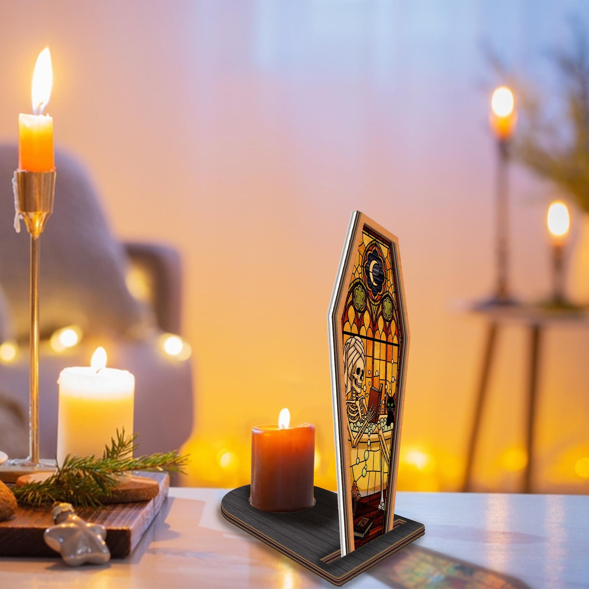 Skeleton Coffin Candle Holder: Gothic Halloween Decor