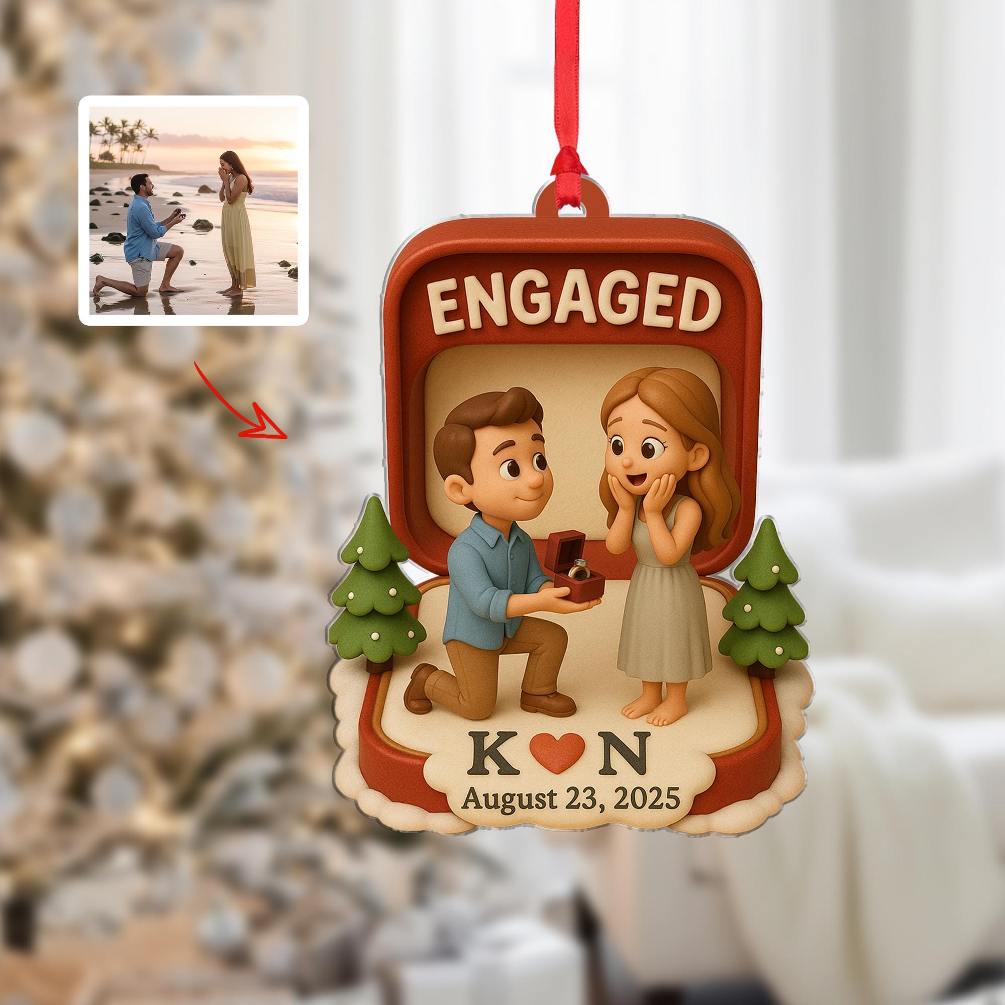 Personalized Engagement Ornament • Custom Proposal Ornament with Couple Illustration • Engaged Christmas Keepsake Gift 2025