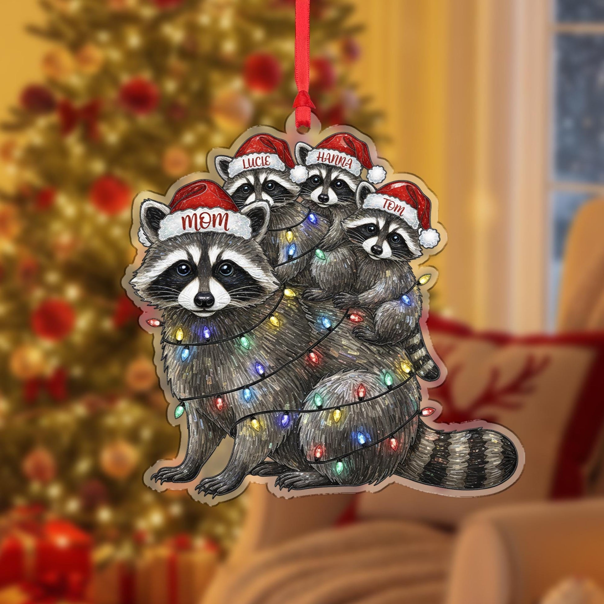 Personalized Raccoon Family Ornament: Rustic Christmas Tree Decor