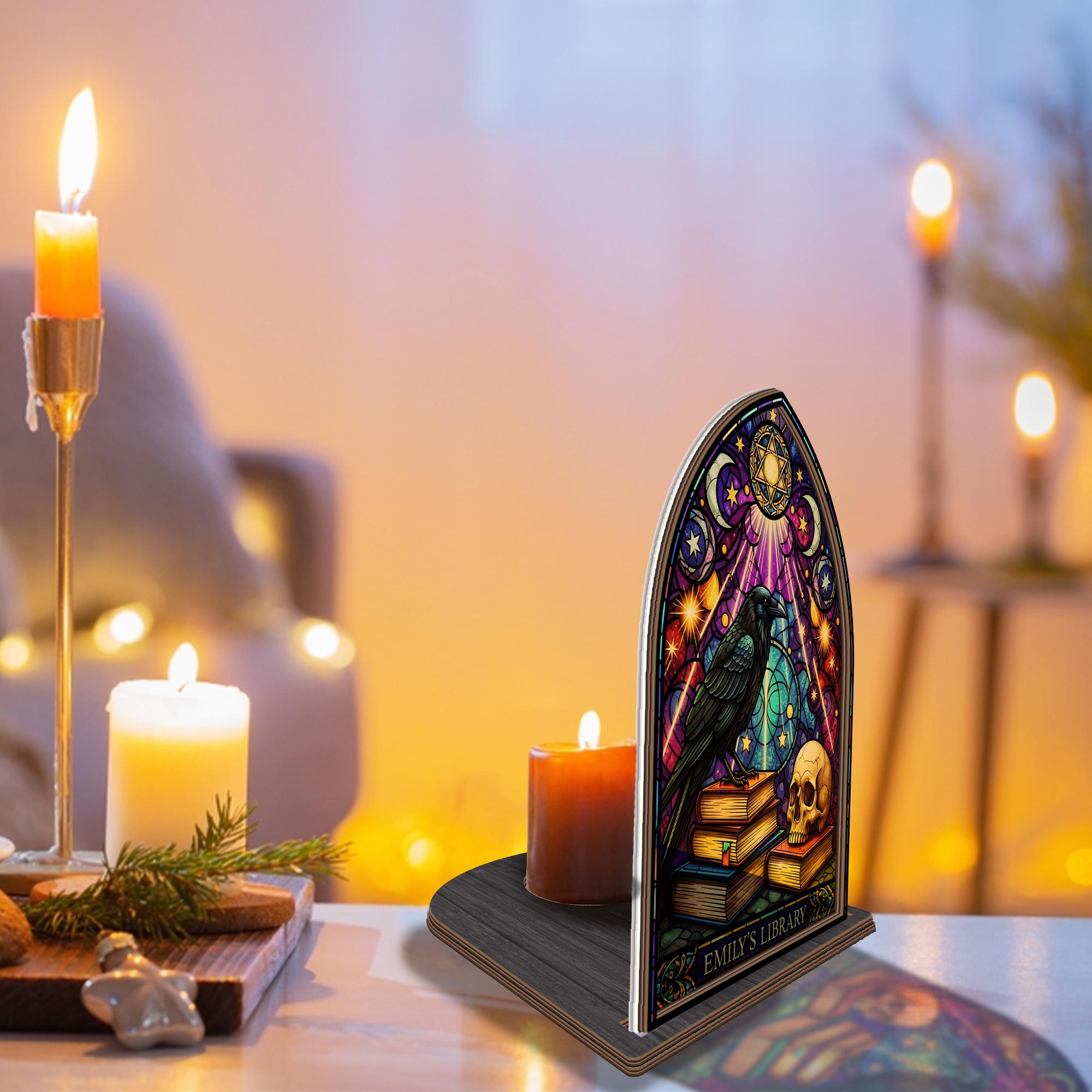 Custom Gothic Candle Holder • Personalized Raven & Skull Decor • Unique Occult Home Library Gift
