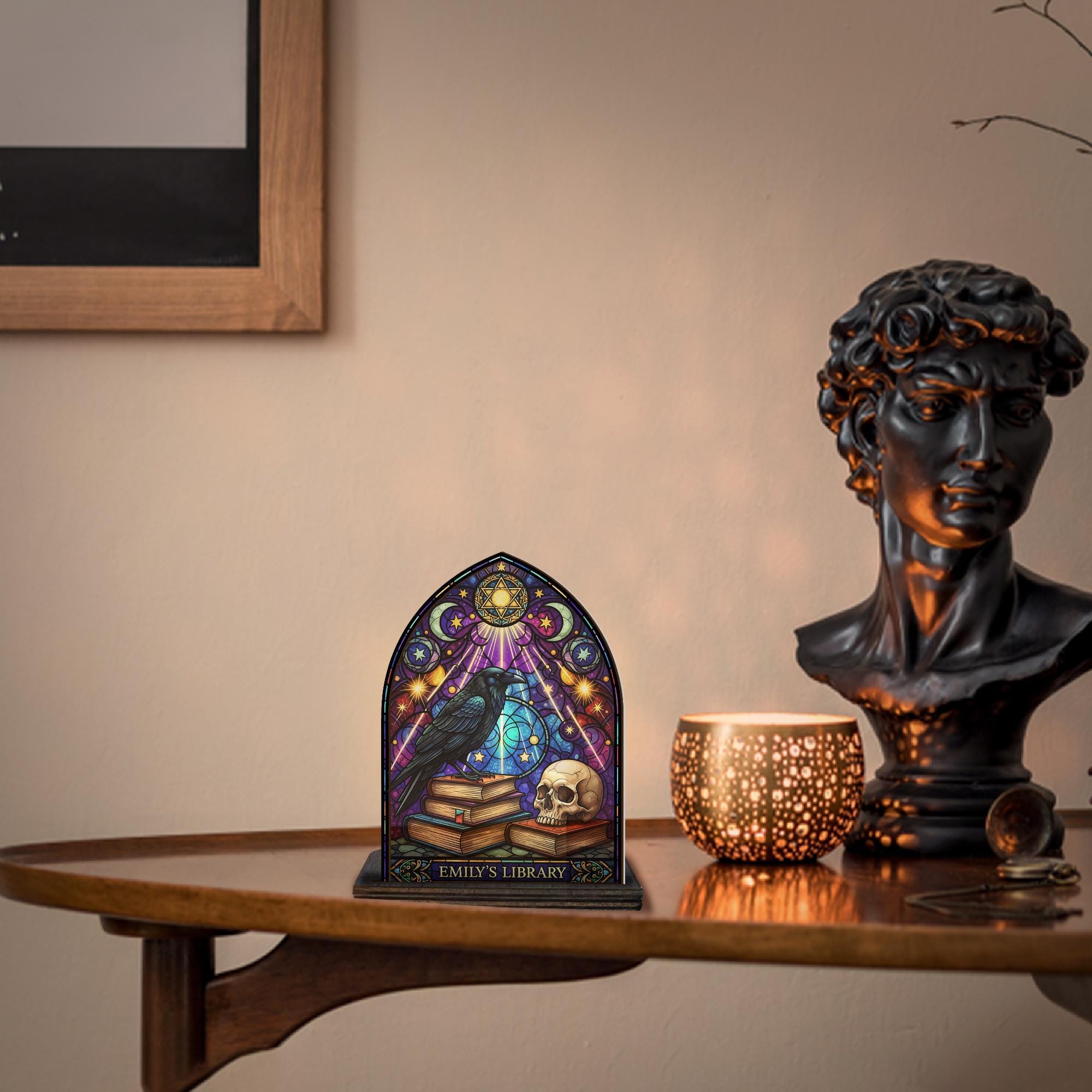 Custom Gothic Candle Holder • Personalized Raven & Skull Decor • Unique Occult Home Library Gift