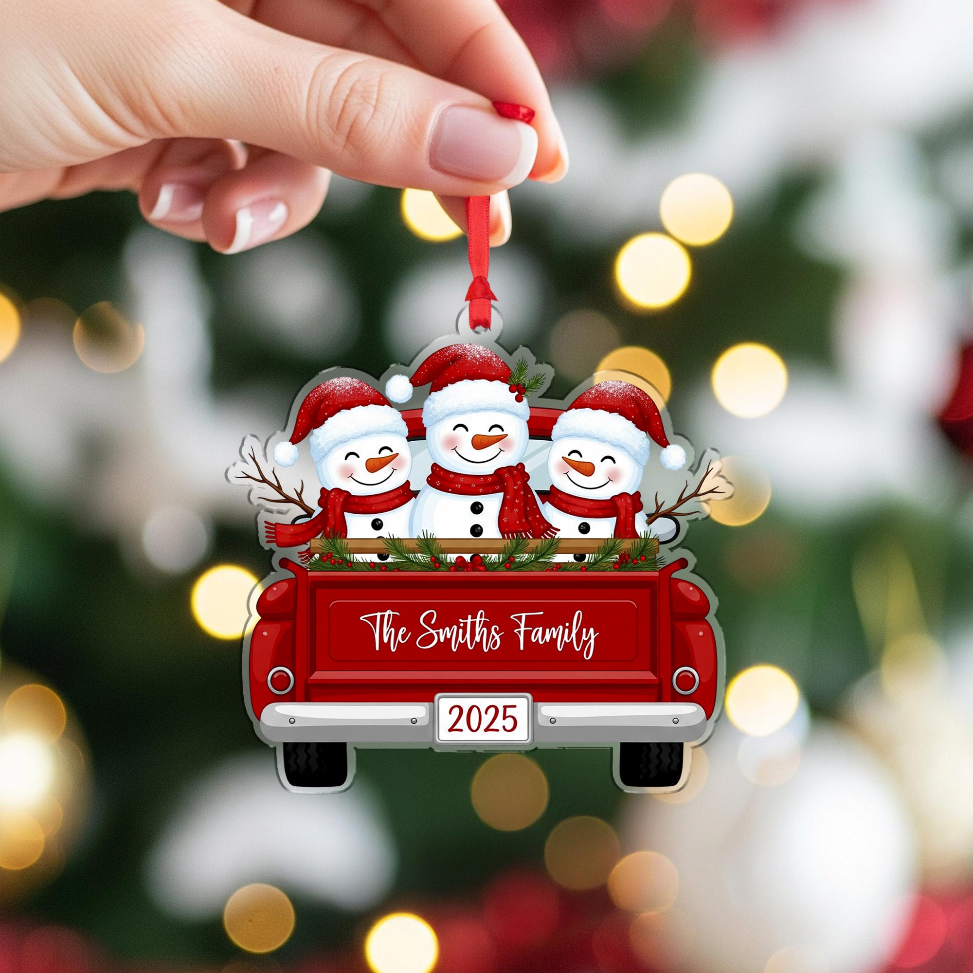 Personalized Snowman Family Ornament: Custom Red Truck Christmas Decoration