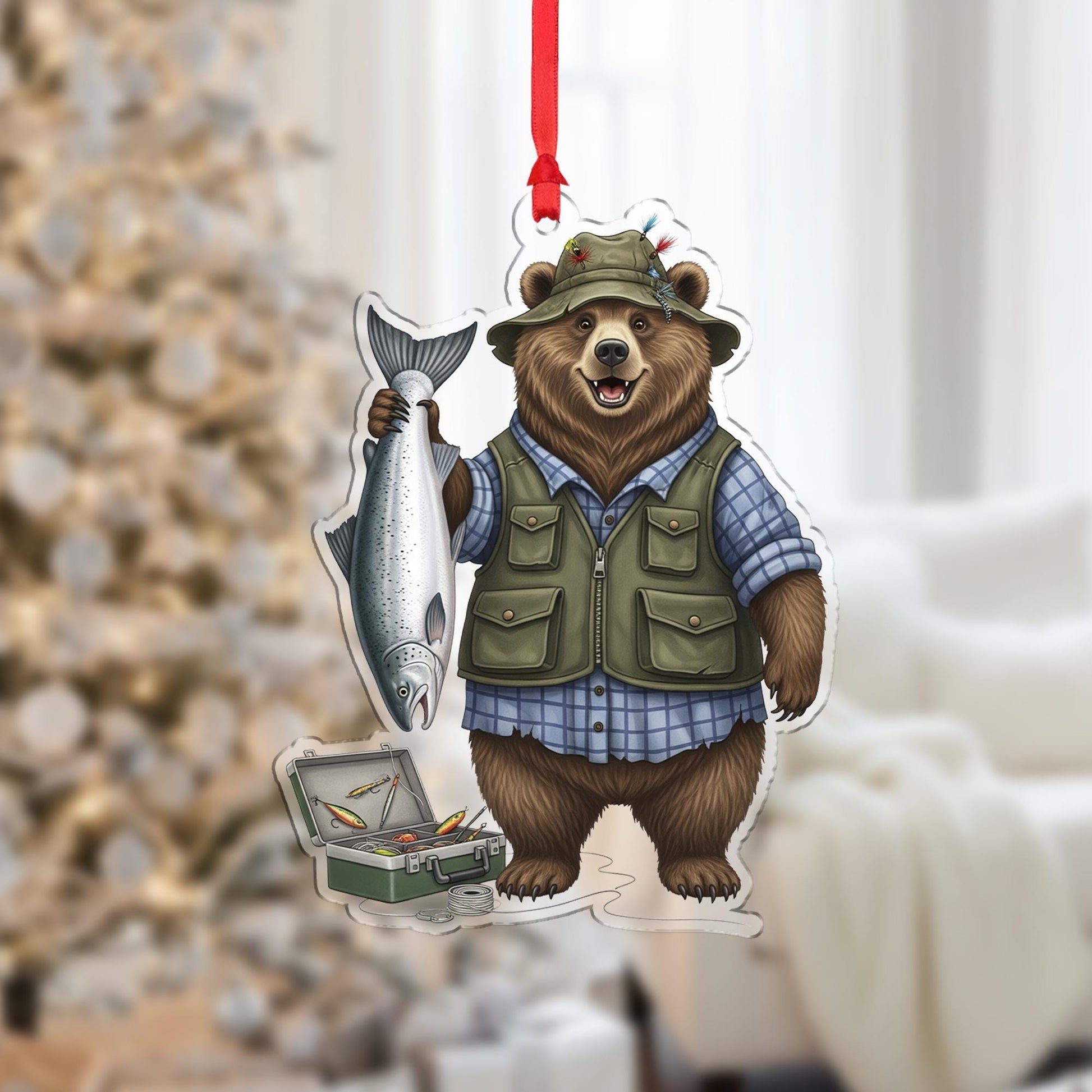 Fishing Bear Acrylic Ornament, Nature Cabin Decor