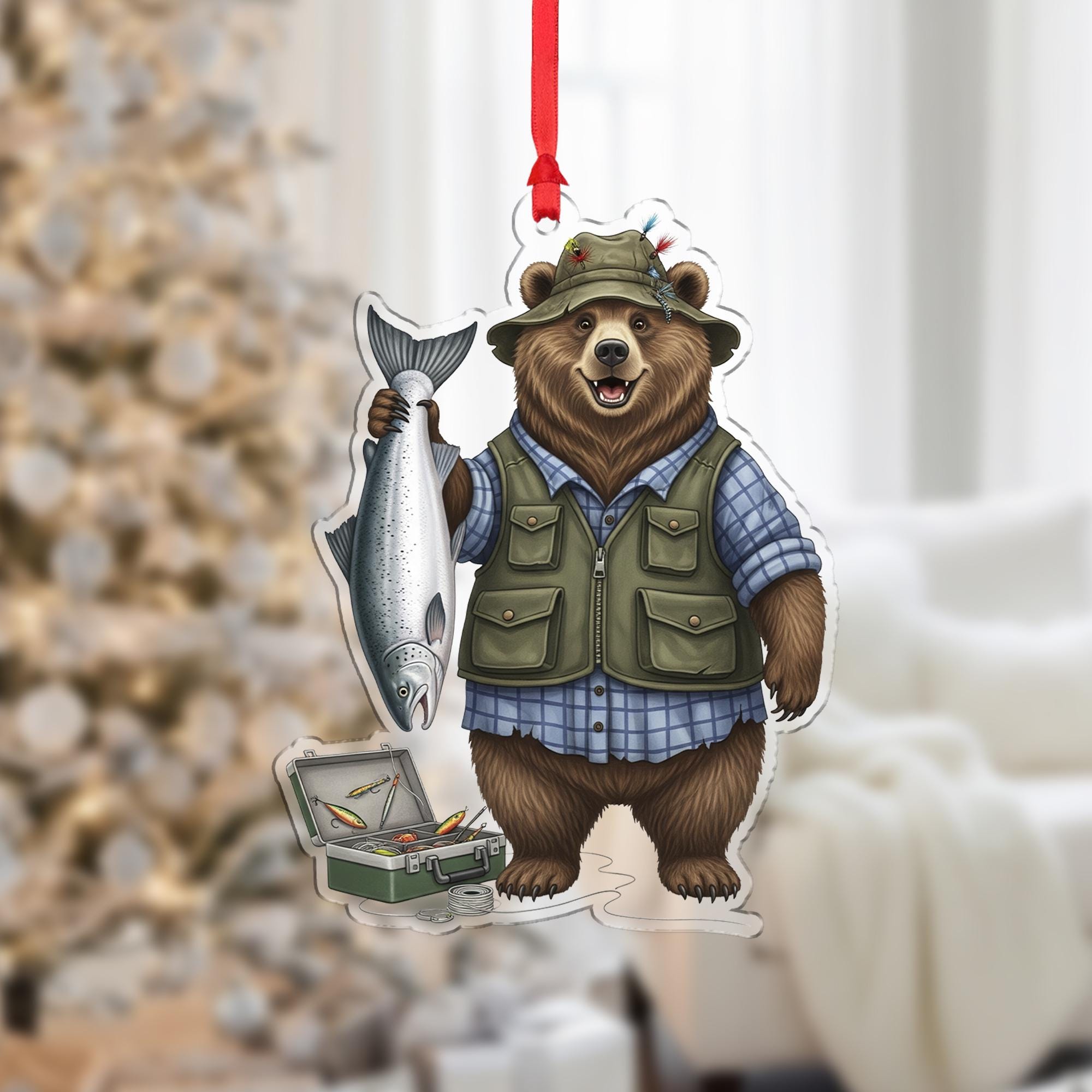 Fishing Bear Acrylic Ornament, Nature Cabin Decor