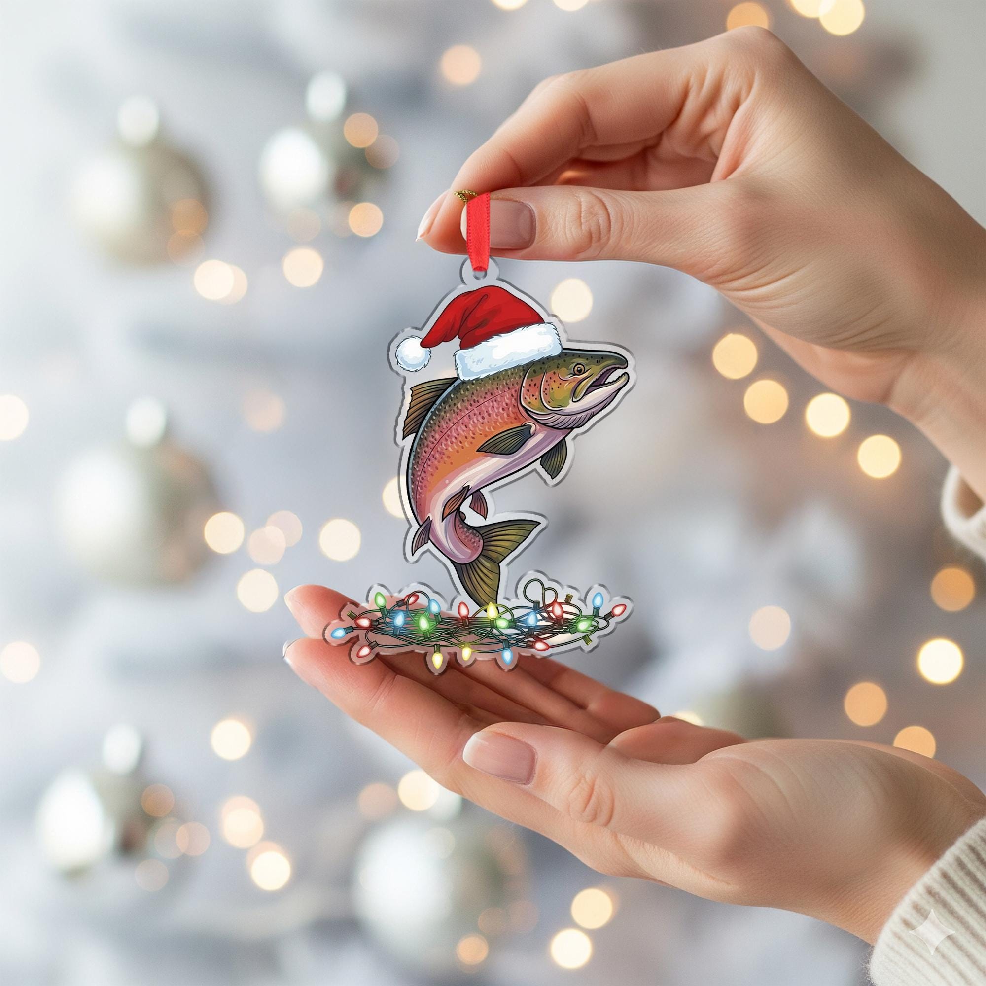 Christmas Fish Ornament, Trout Holiday Decor with Santa Hat