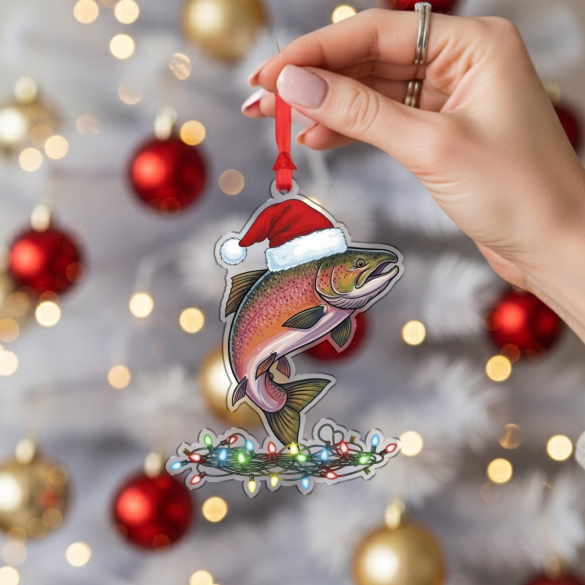 Christmas Fish Ornament, Trout Holiday Decor with Santa Hat