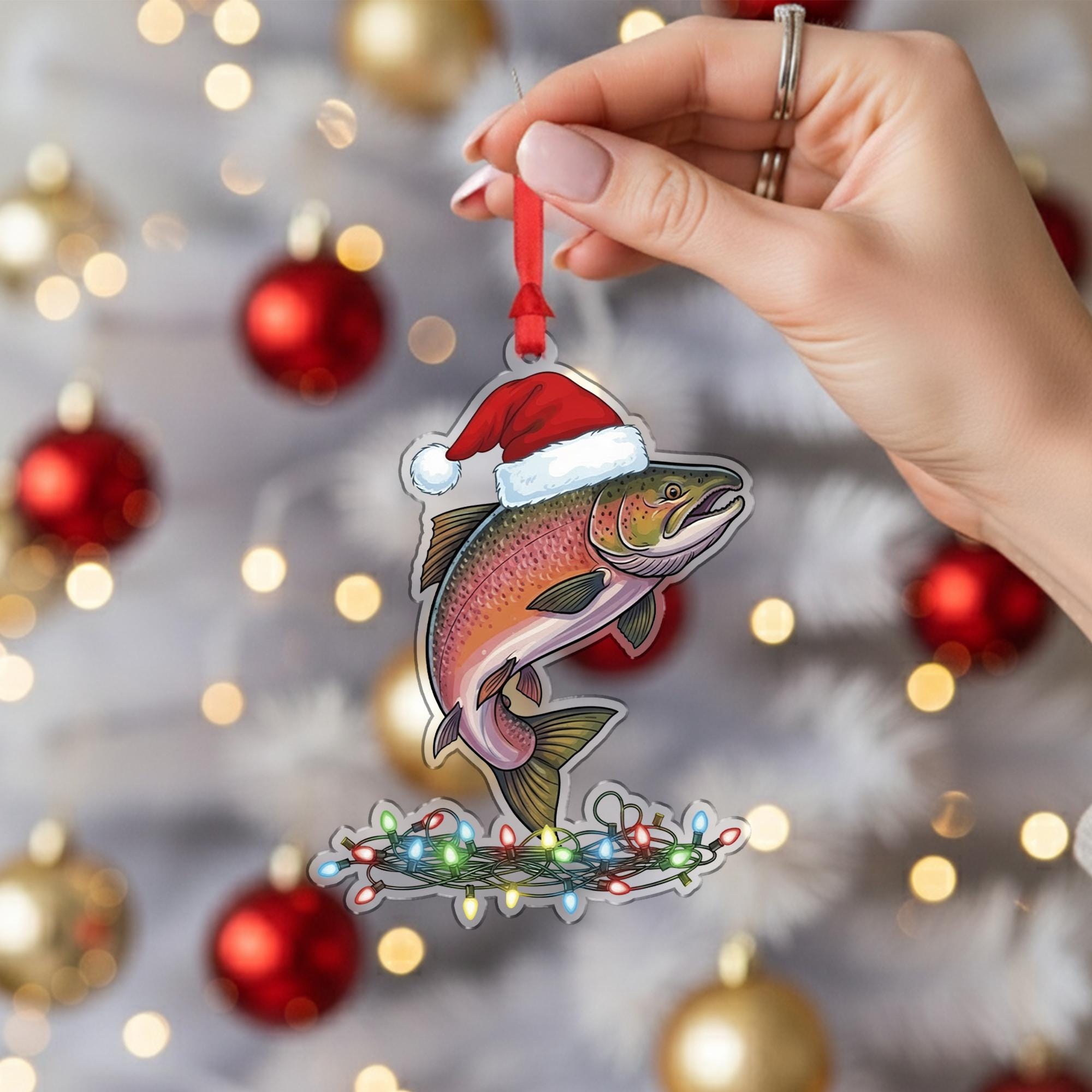 Christmas Fish Ornament, Trout Holiday Decor with Santa Hat
