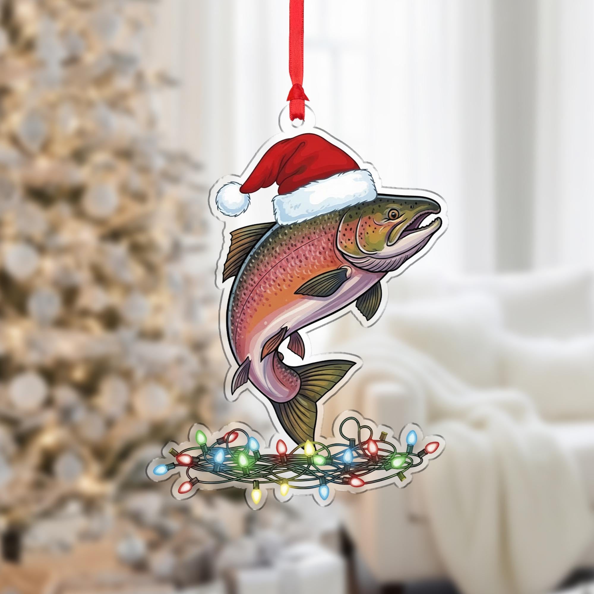 Christmas Fish Ornament, Trout Holiday Decor with Santa Hat