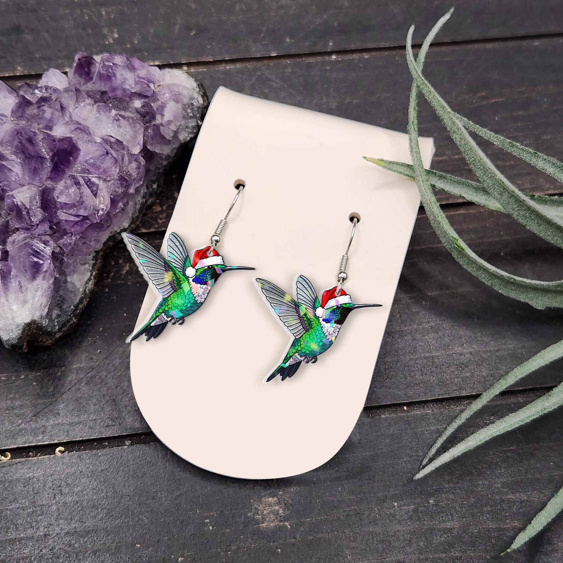Christmas Hummingbird Earrings, Holiday Jewelry with Santa Hat Design