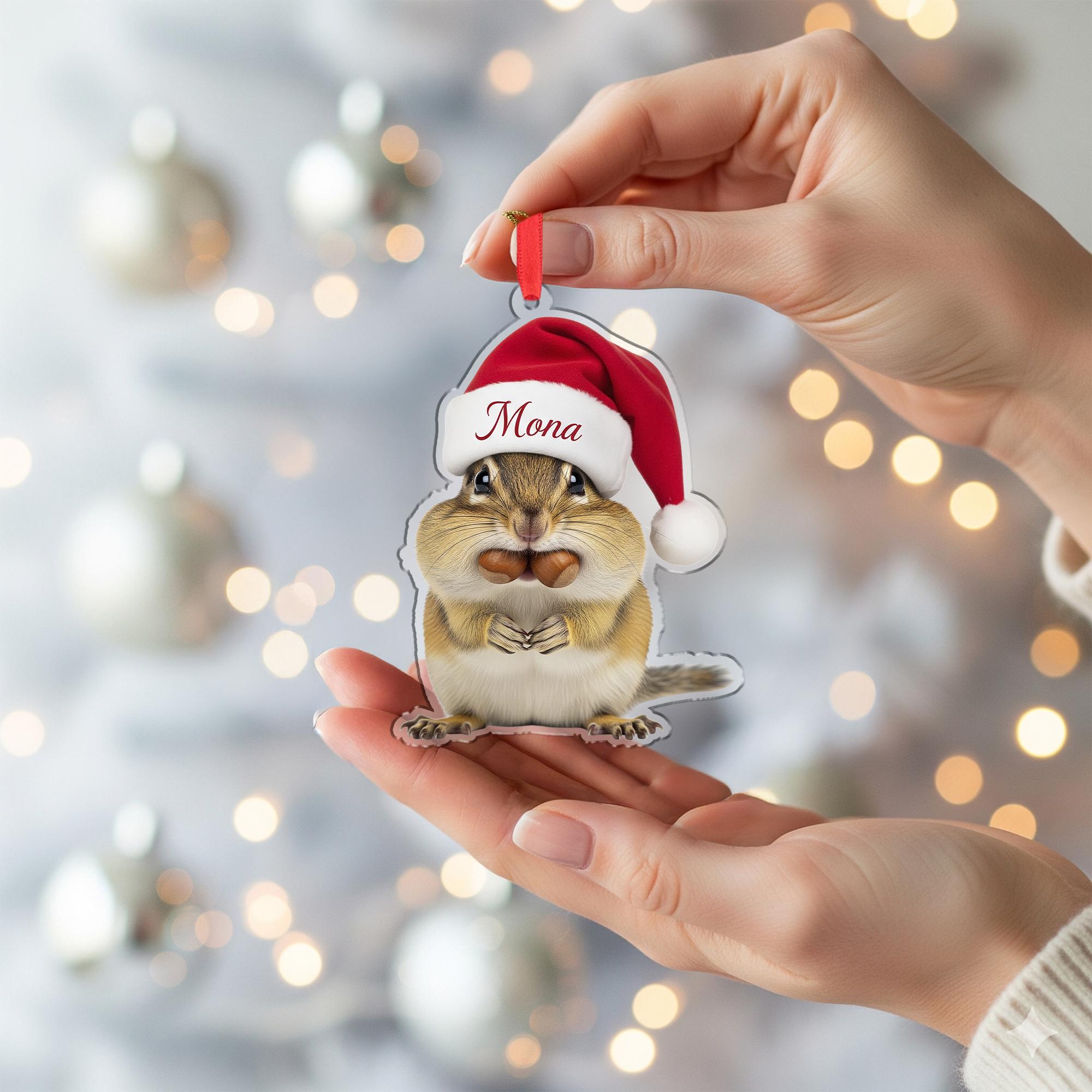 Personalized Chipmunk Ornament, Custom Christmas Decoration with Santa Hat