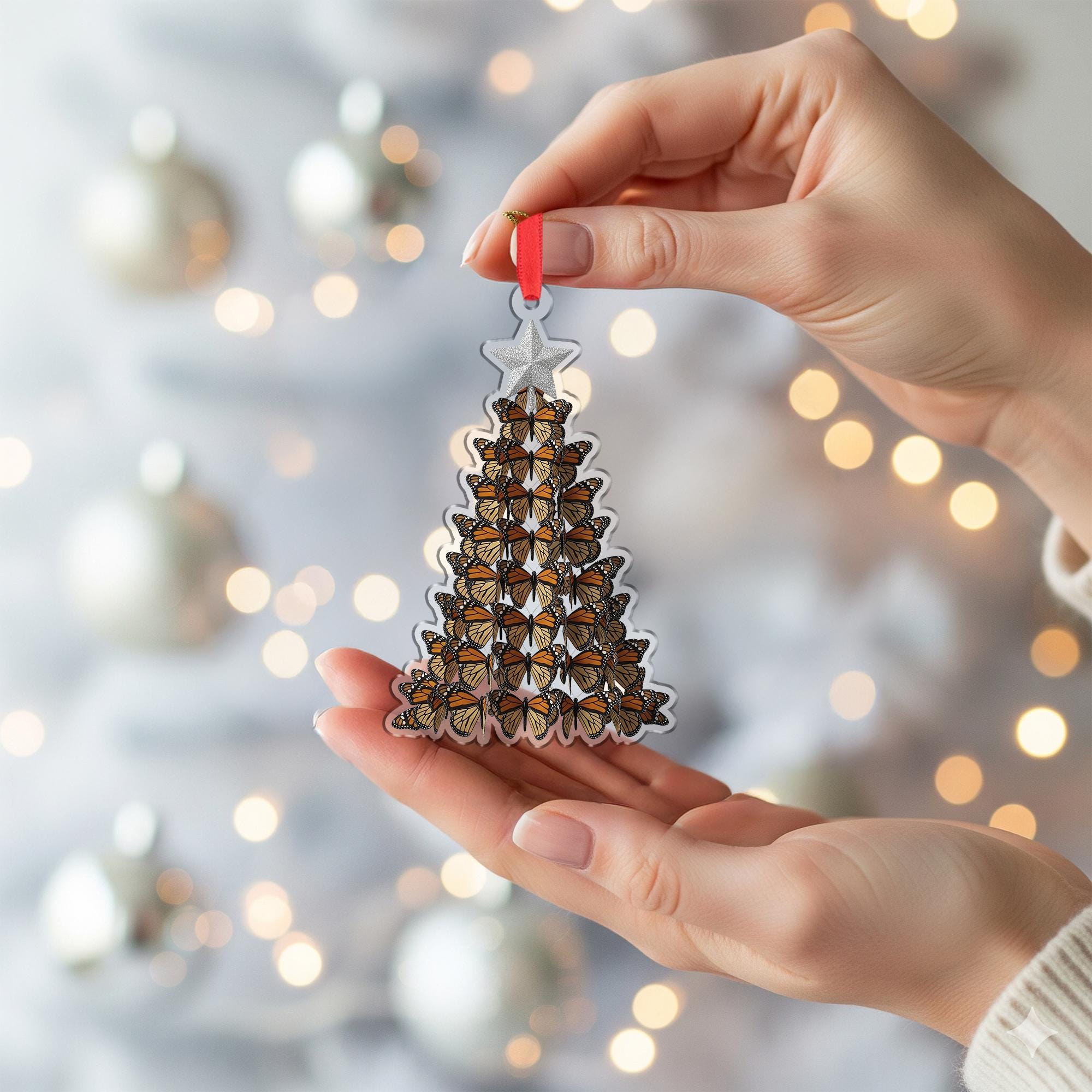Butterfly Christmas Tree Ornament, Monarch Holiday Decoration with Star Topper