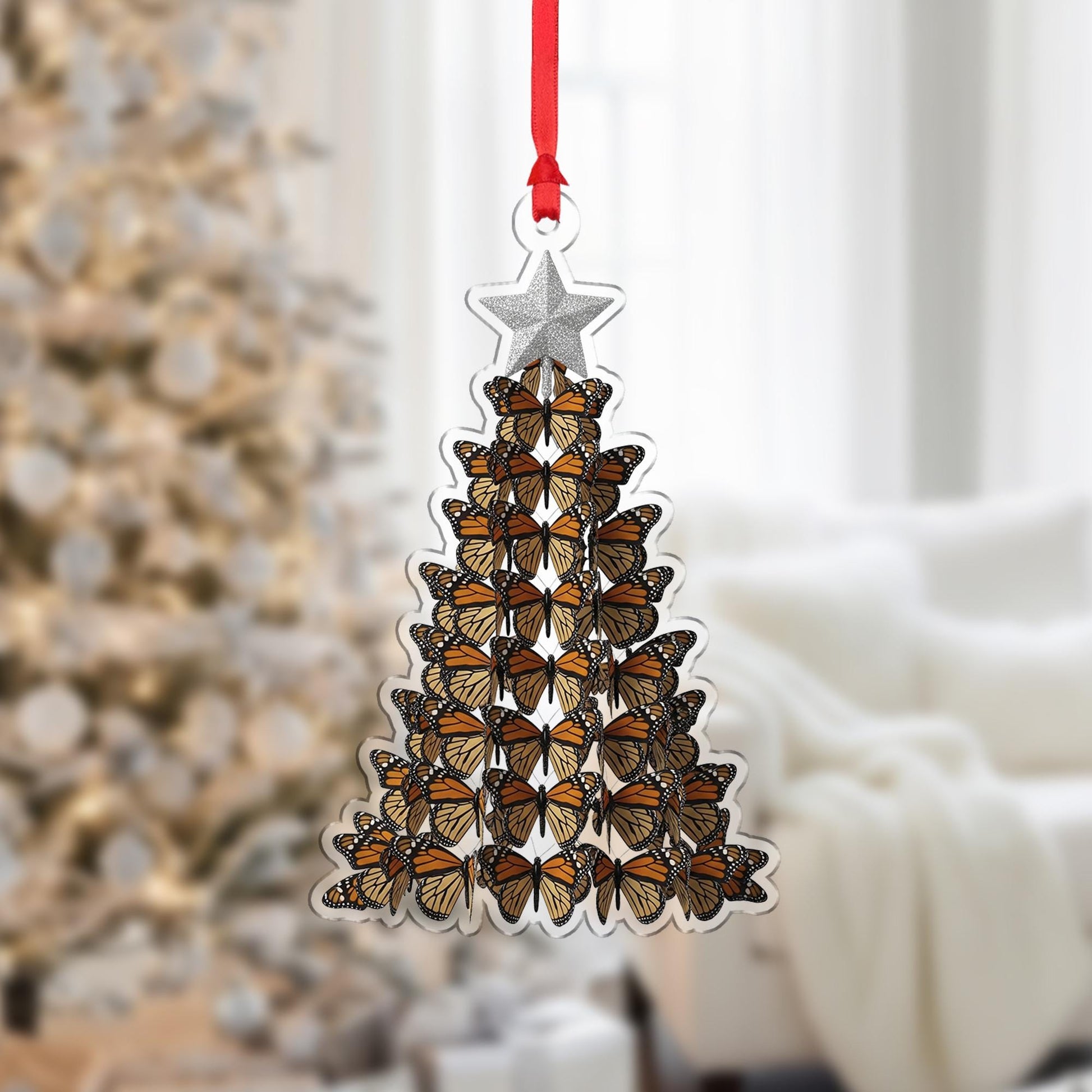 Butterfly Christmas Tree Ornament, Monarch Holiday Decoration with Star Topper