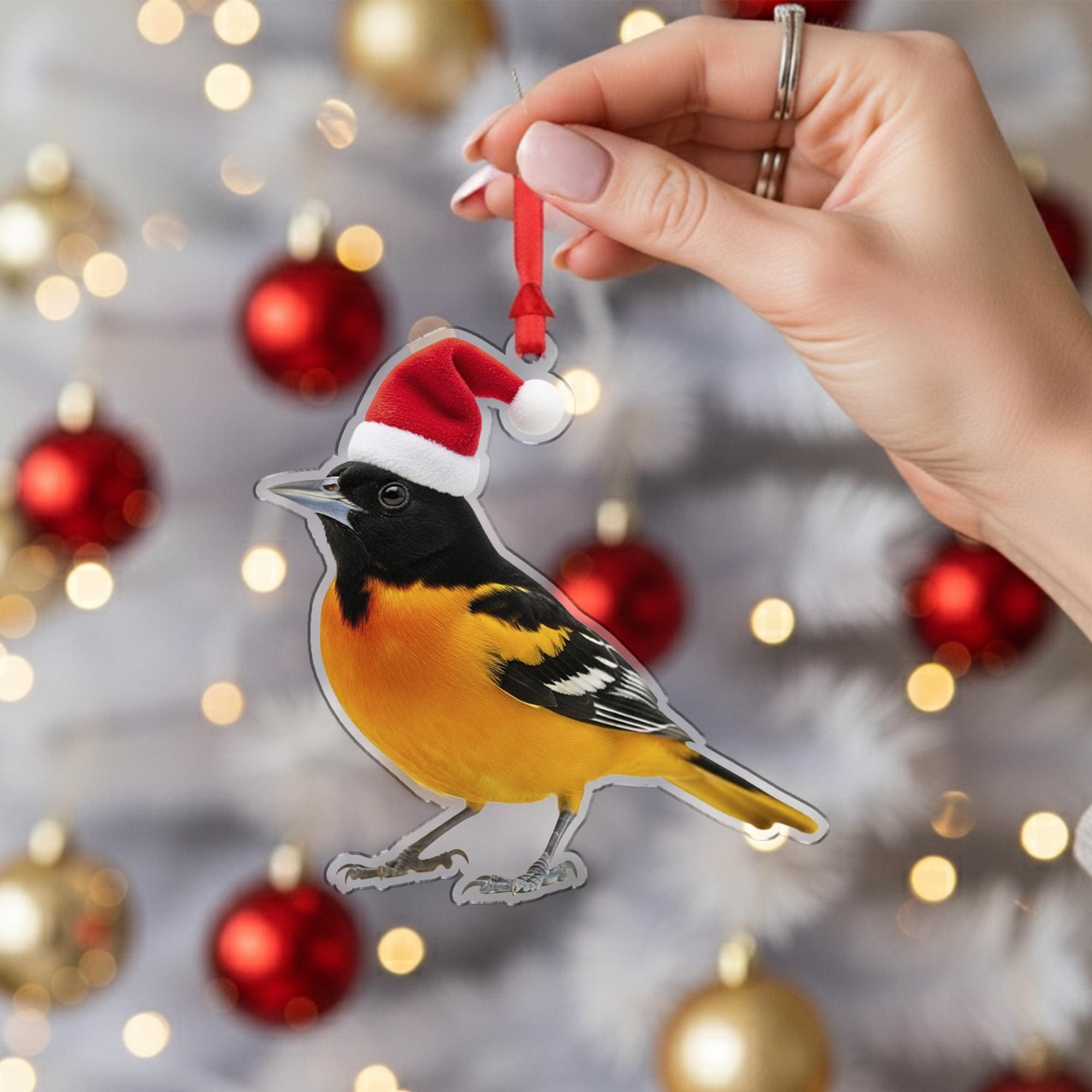 Baltimore Oriole Ornament, Bird Christmas Decoration with Santa Hat