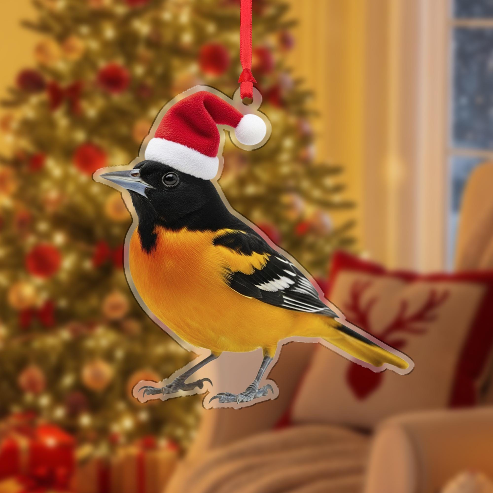 Baltimore Oriole Ornament, Bird Christmas Decoration with Santa Hat