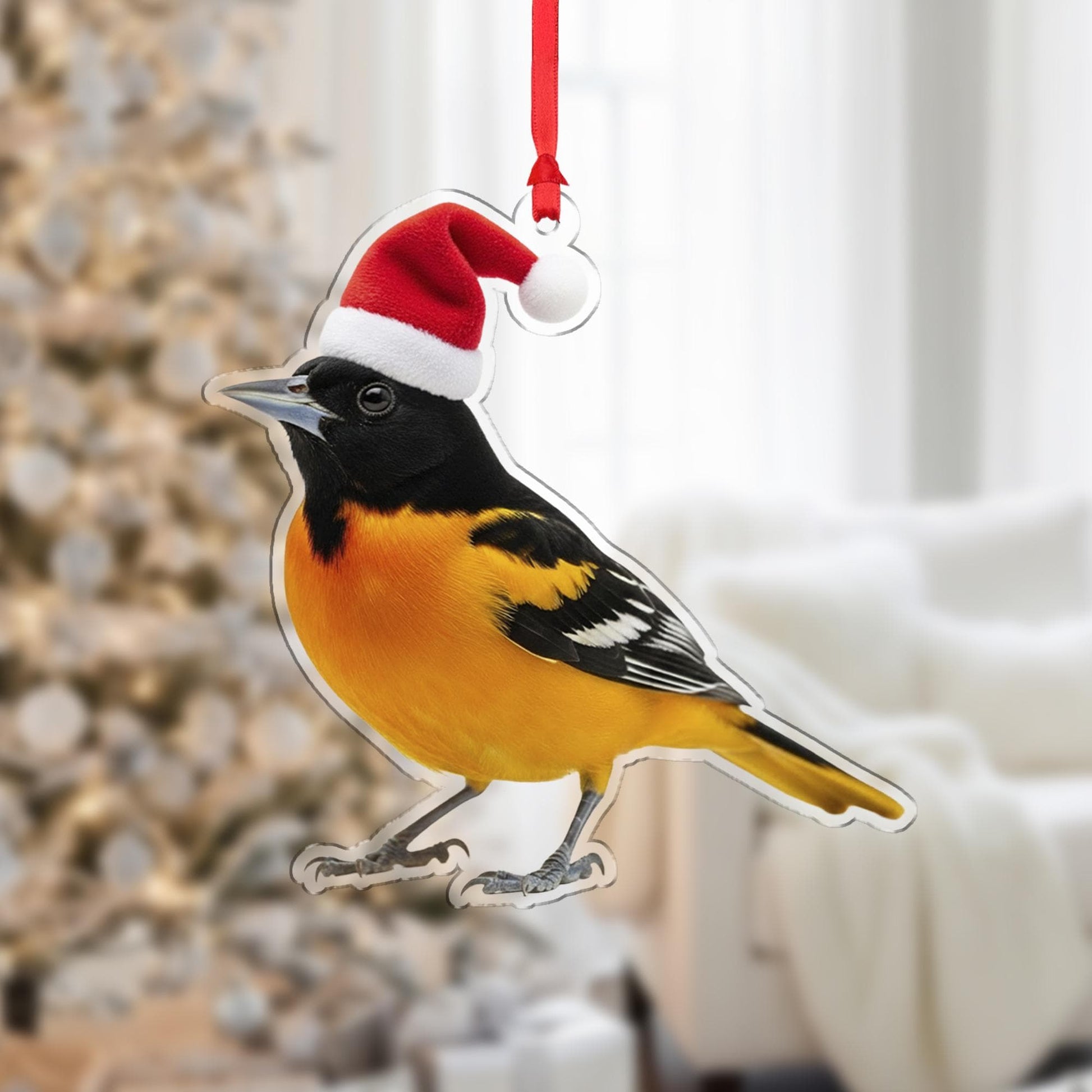Baltimore Oriole Ornament, Bird Christmas Decoration with Santa Hat