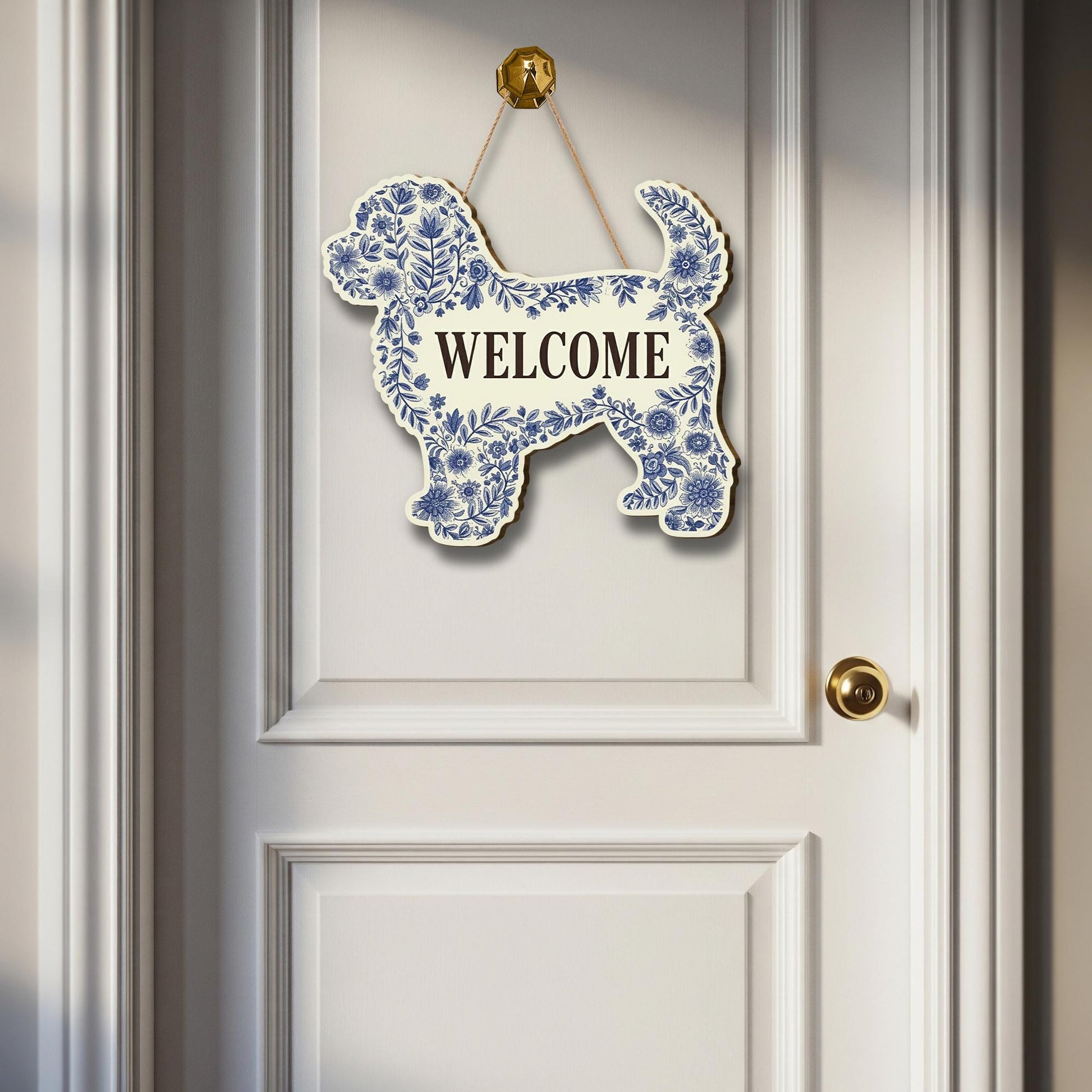 Floral Welcome Dog Door Hanger: Wooden Dog Lover Gift