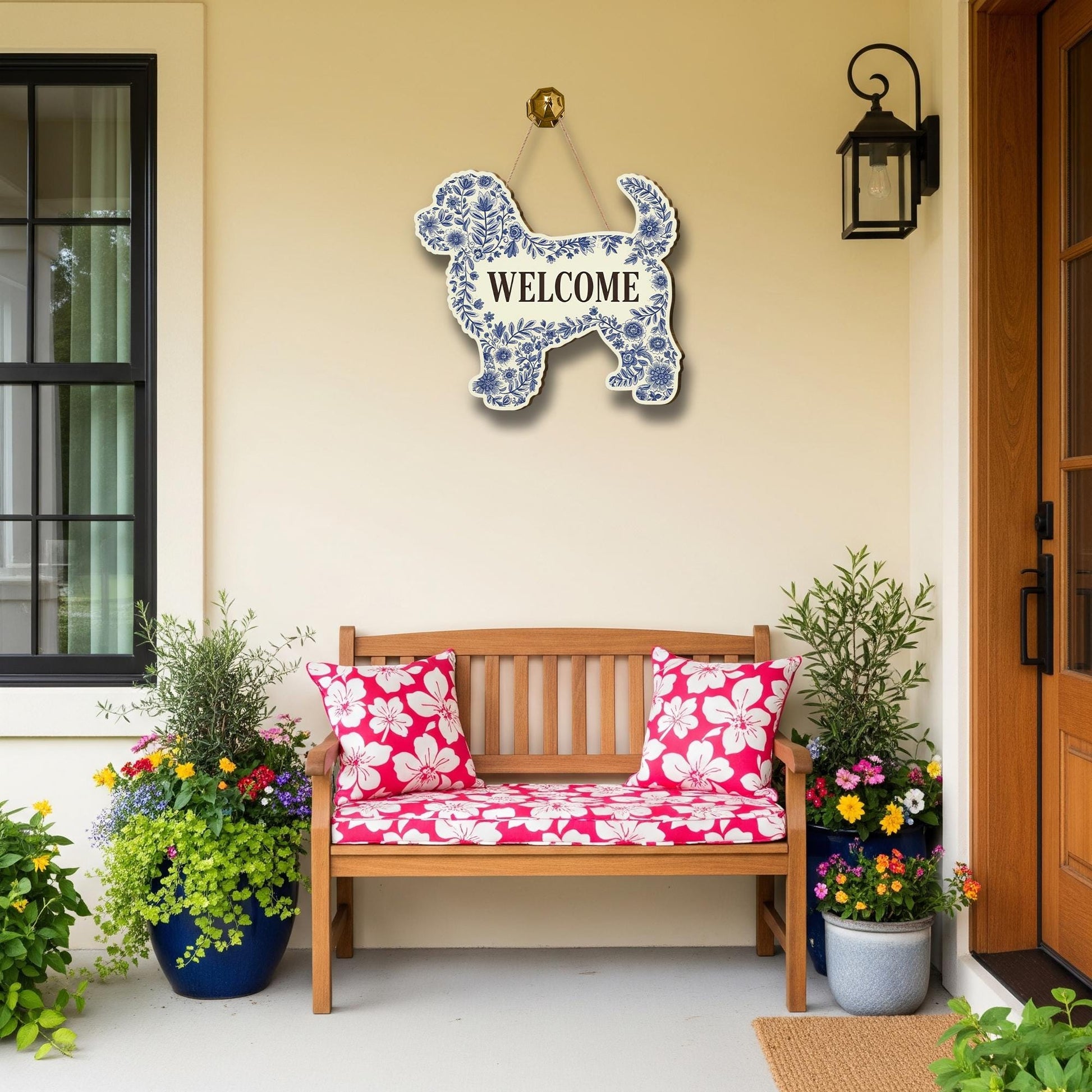 Floral Welcome Dog Door Hanger: Wooden Dog Lover Gift