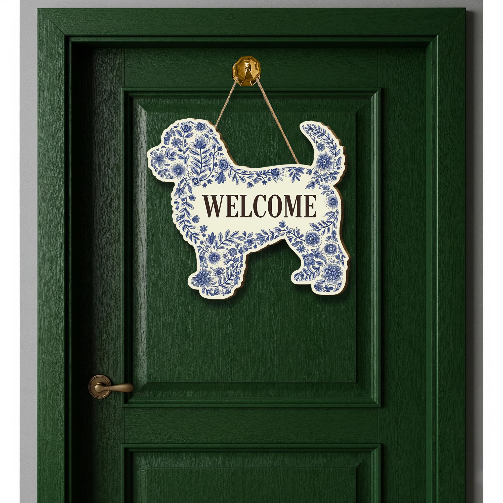 Floral Welcome Dog Door Hanger: Wooden Dog Lover Gift