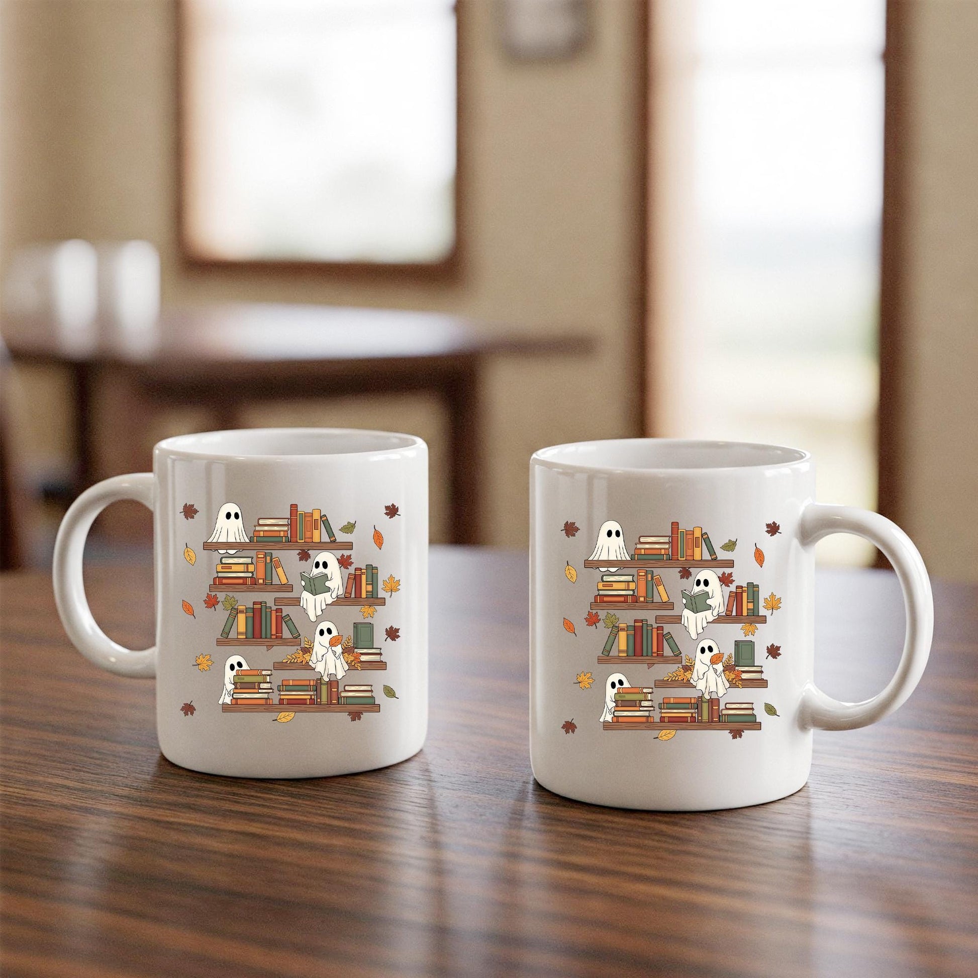 Ghost Reading Books Mug, Spooky Season Mug, Librarian Gift, Halloween Gift, Book Lover Mug, Cute Ghost Decor, Fall Coffee Cup