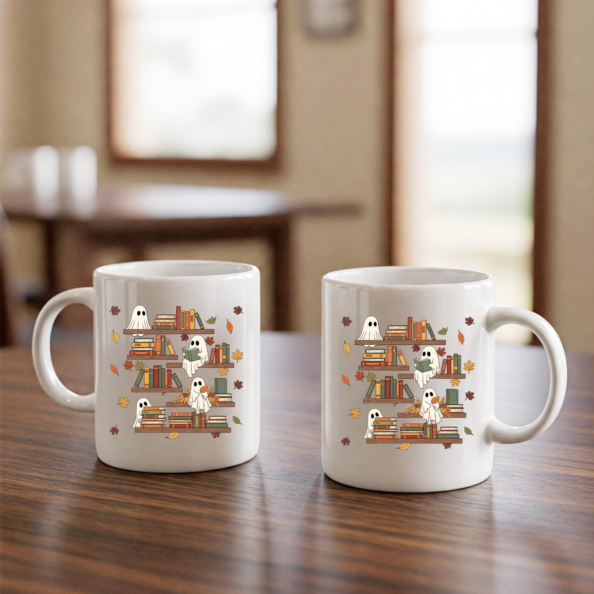Ghost Reading Books Mug, Spooky Season Mug, Librarian Gift, Halloween Gift, Book Lover Mug, Cute Ghost Decor, Fall Coffee Cup