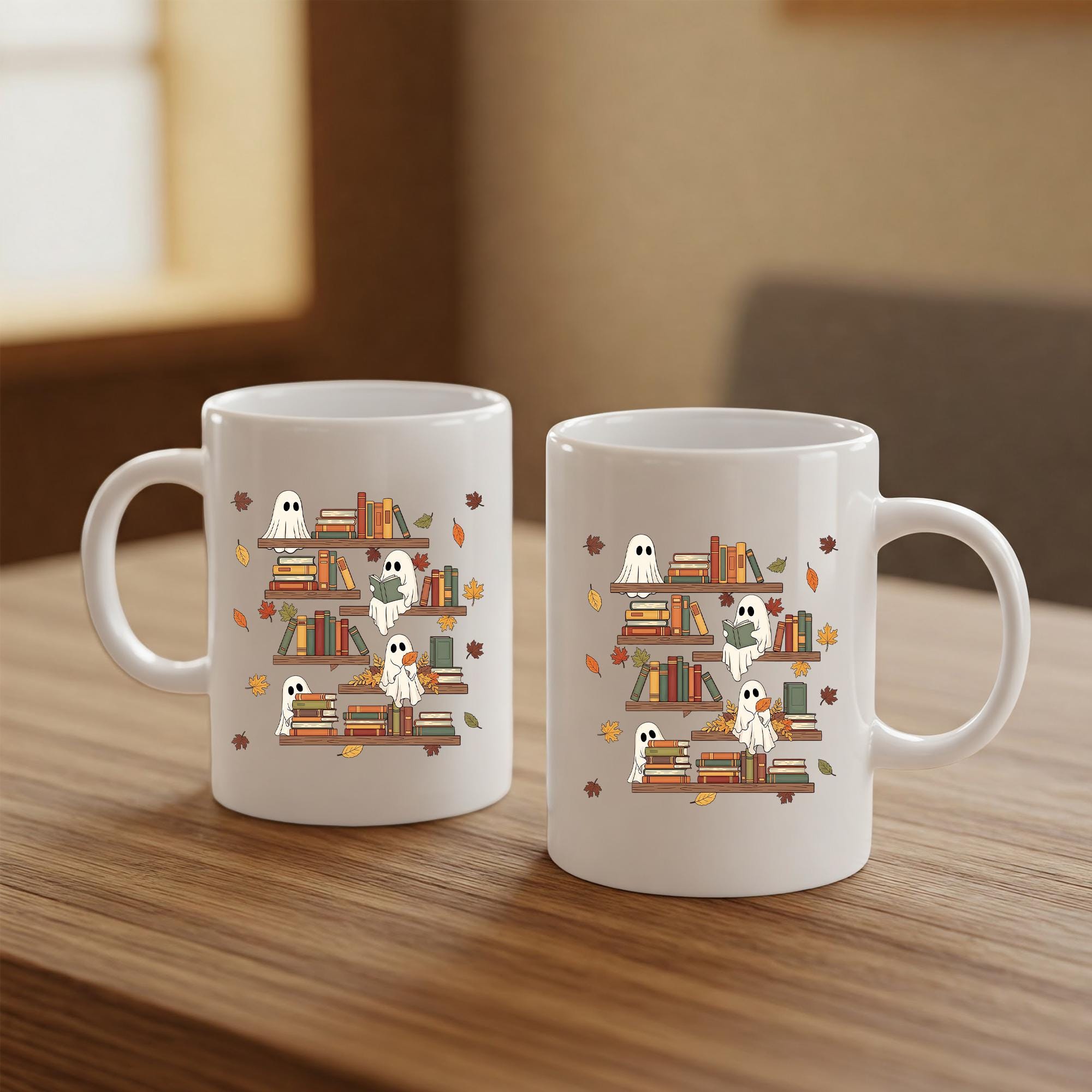 Ghost Reading Books Mug, Spooky Season Mug, Librarian Gift, Halloween Gift, Book Lover Mug, Cute Ghost Decor, Fall Coffee Cup