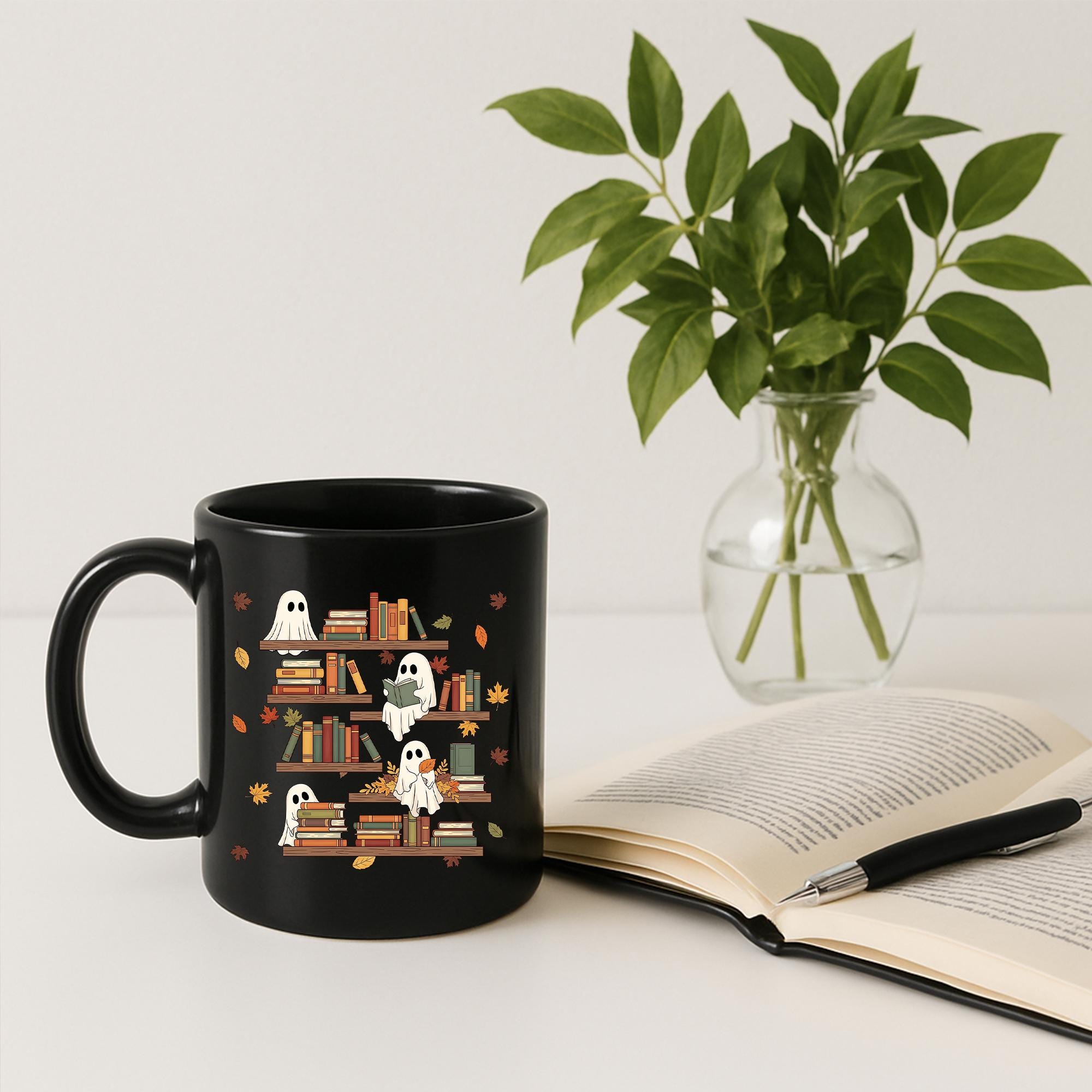 Ghost Reading Books Mug, Spooky Season Mug, Librarian Gift, Halloween Gift, Book Lover Mug, Cute Ghost Decor, Fall Coffee Cup