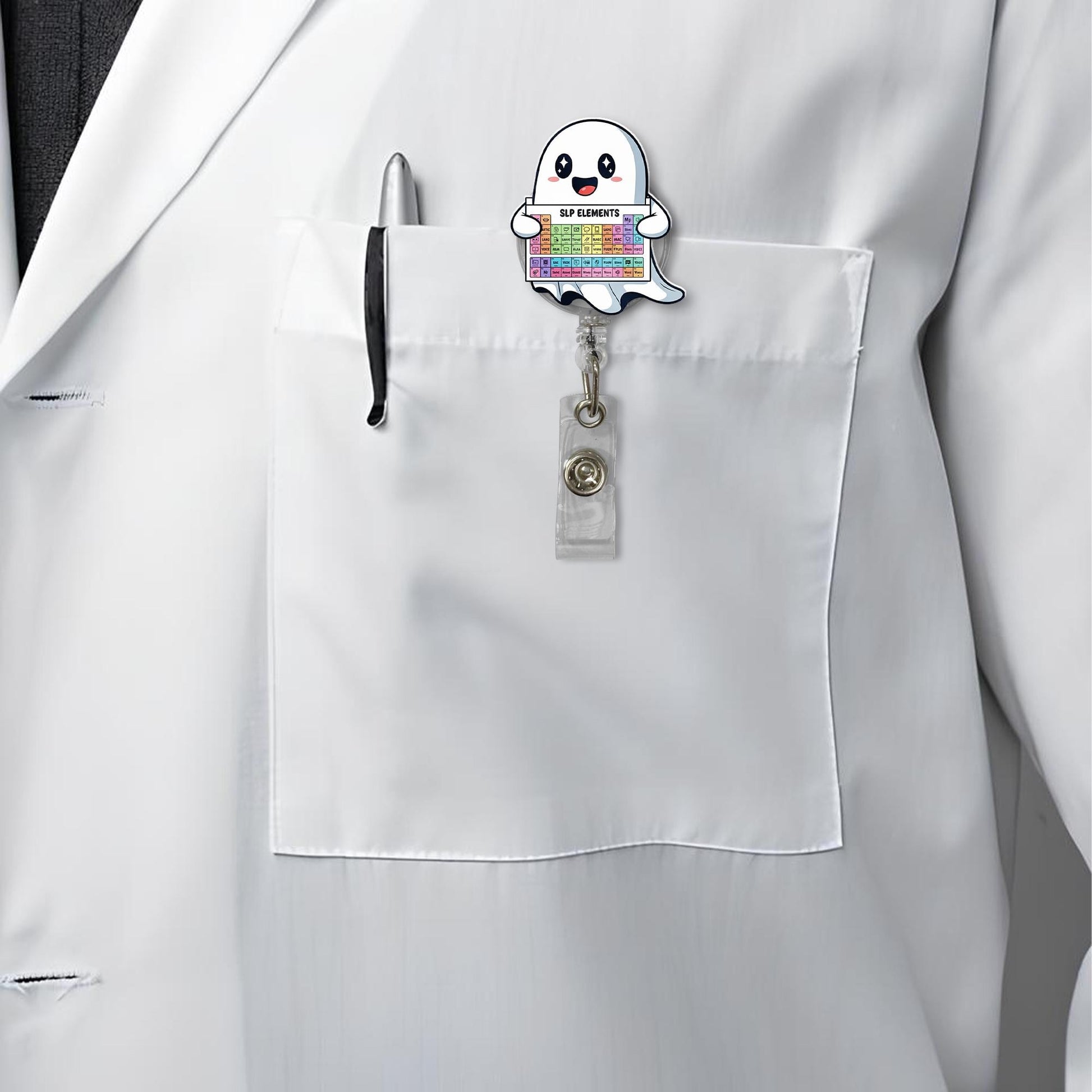 SLP Ghost Badge Reel, Speech Pathologist Gift, SLP Holder, SLP Elements Badge, Retractable Badge Reel, Cute Ghost Gift
