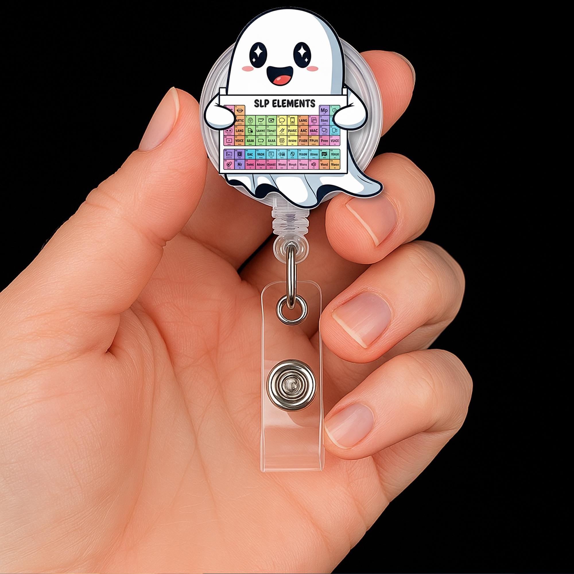 SLP Ghost Badge Reel, Speech Pathologist Gift, SLP Holder, SLP Elements Badge, Retractable Badge Reel, Cute Ghost Gift