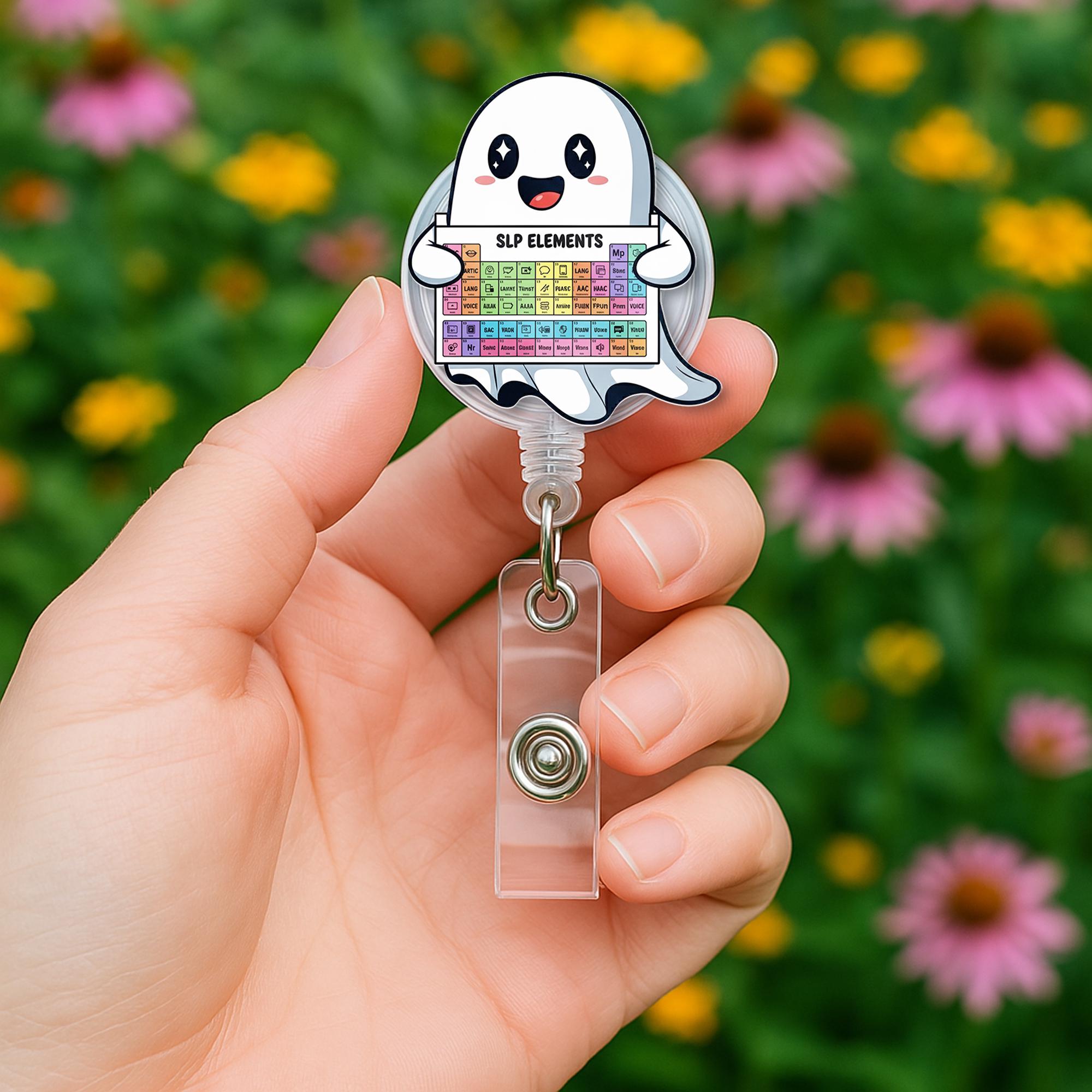 SLP Ghost Badge Reel, Speech Pathologist Gift, SLP Holder, SLP Elements Badge, Retractable Badge Reel, Cute Ghost Gift