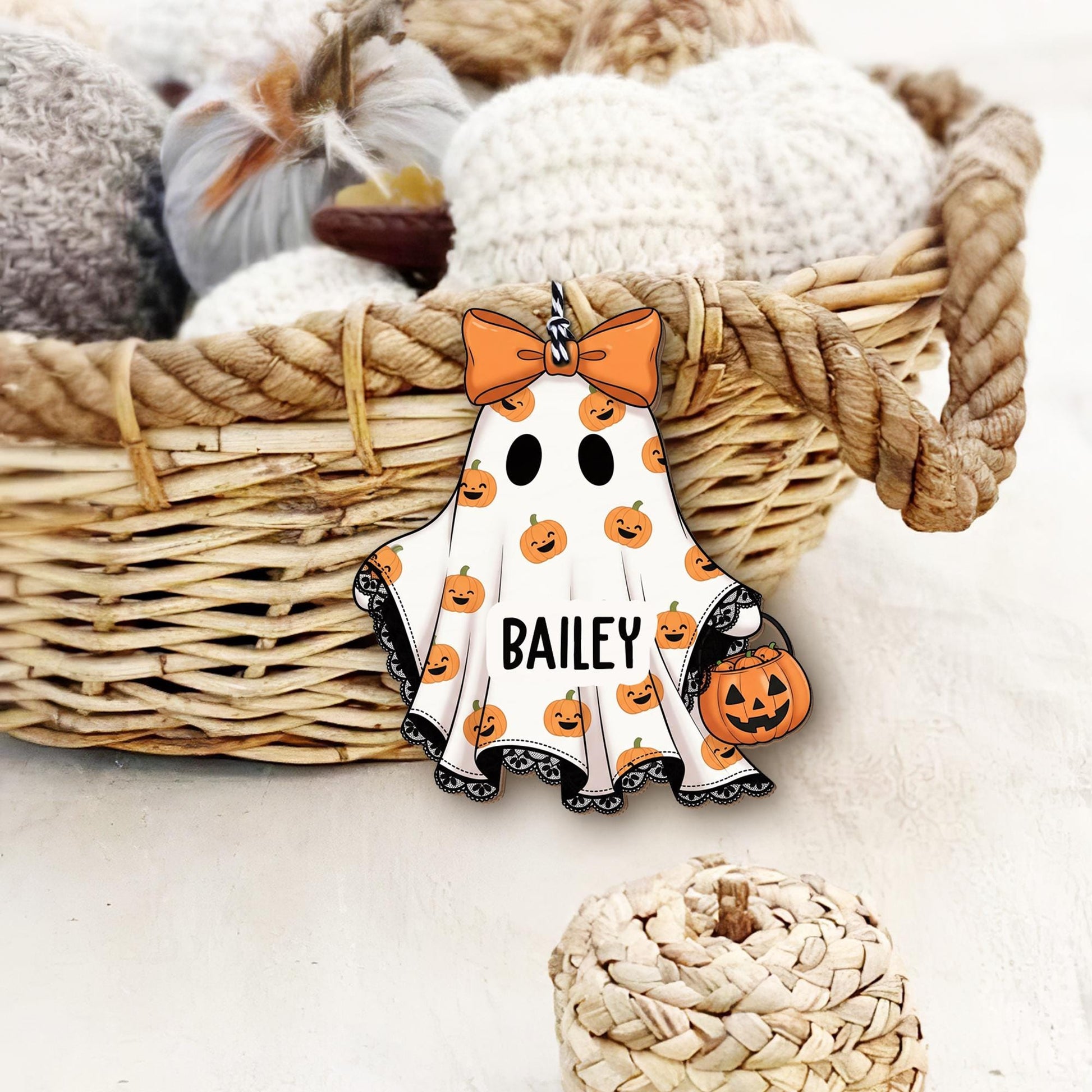 Personalized Ghost Tag: Acrylic & Wood Halloween Charm