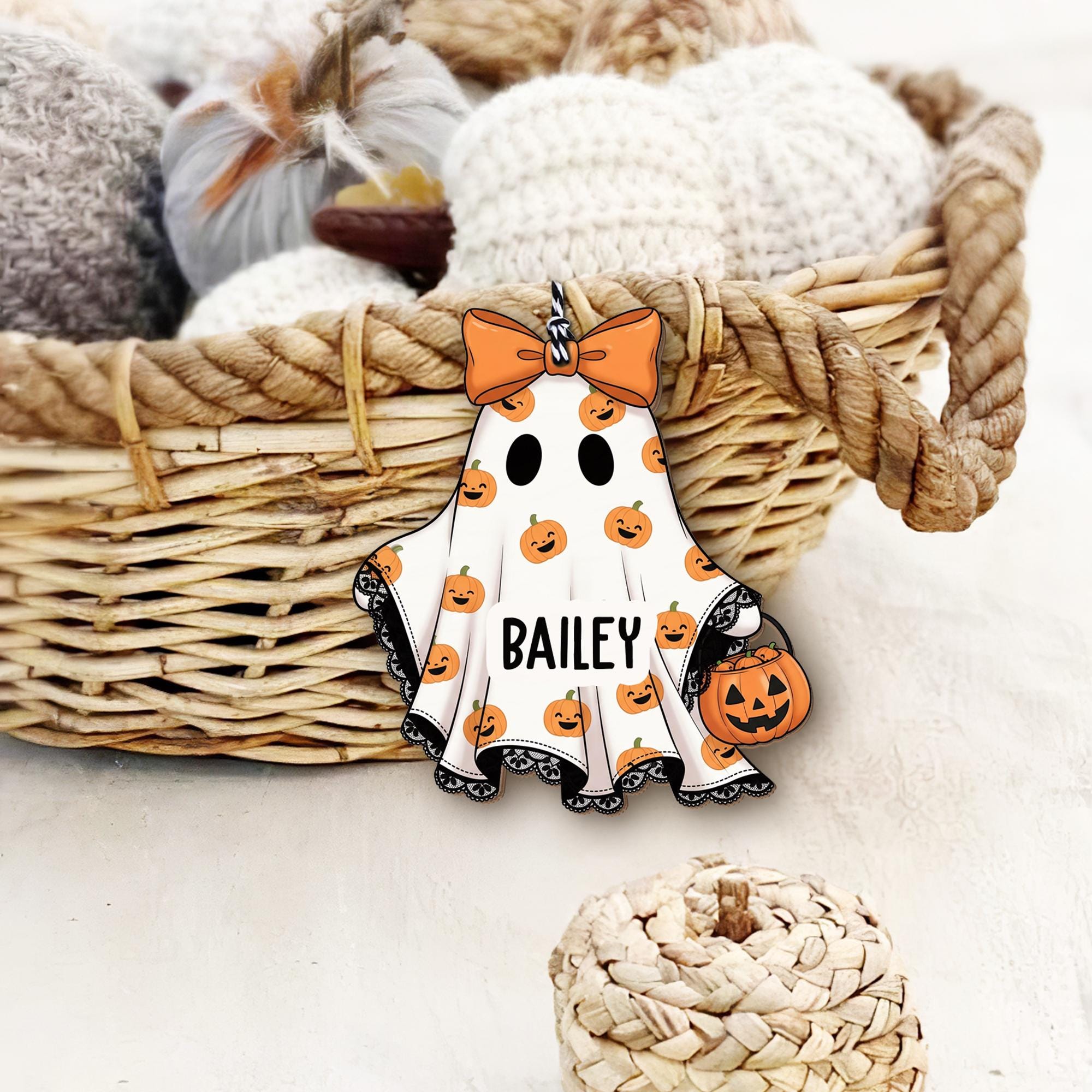 Personalized Ghost Tag: Acrylic & Wood Halloween Charm