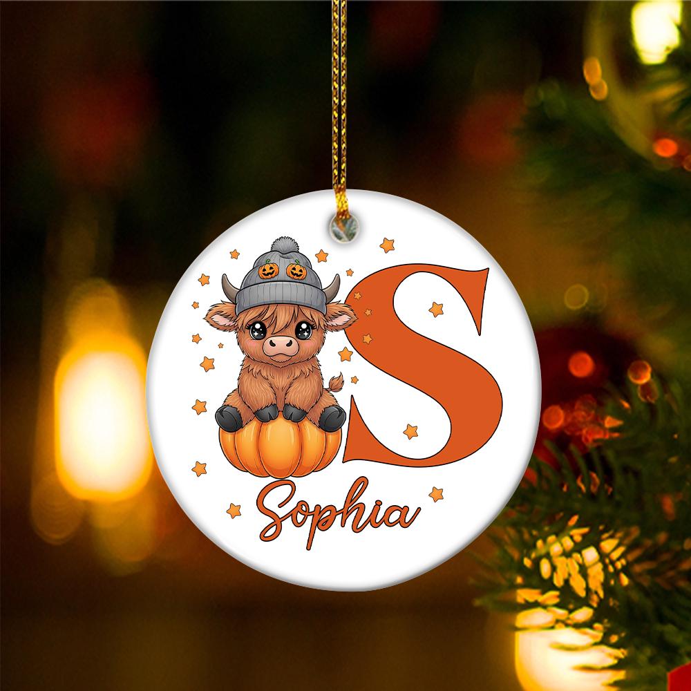 Personalized Highland Cow Ornament: Halloween Pumpkin, Custom Name