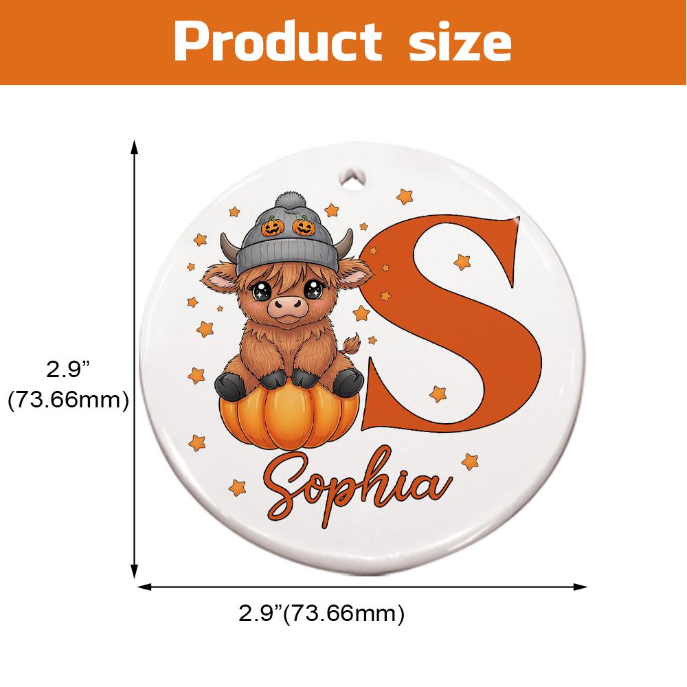 Personalized Highland Cow Ornament: Halloween Pumpkin, Custom Name
