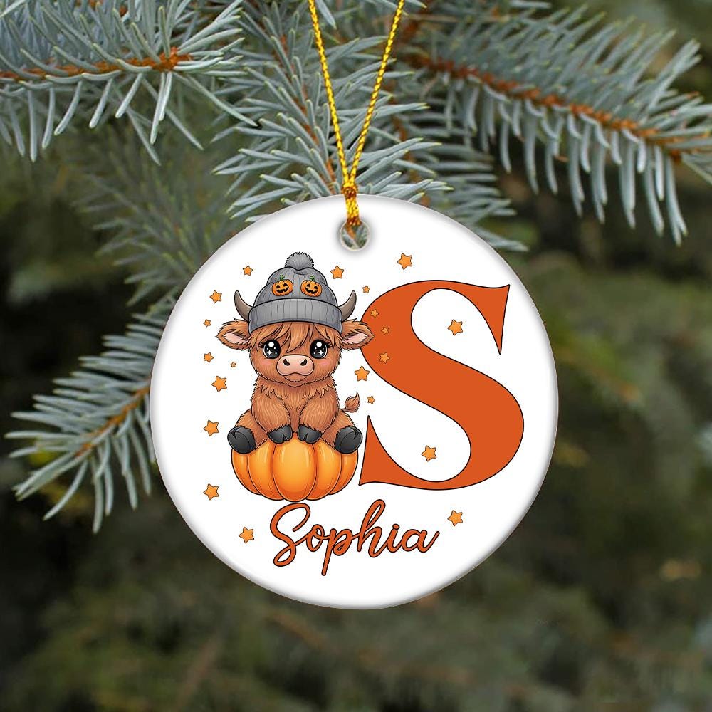 Personalized Highland Cow Ornament: Halloween Pumpkin, Custom Name