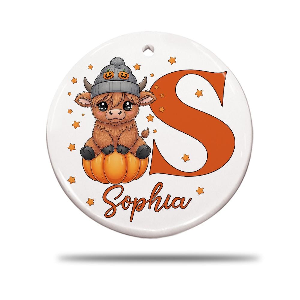 Personalized Highland Cow Ornament: Halloween Pumpkin, Custom Name