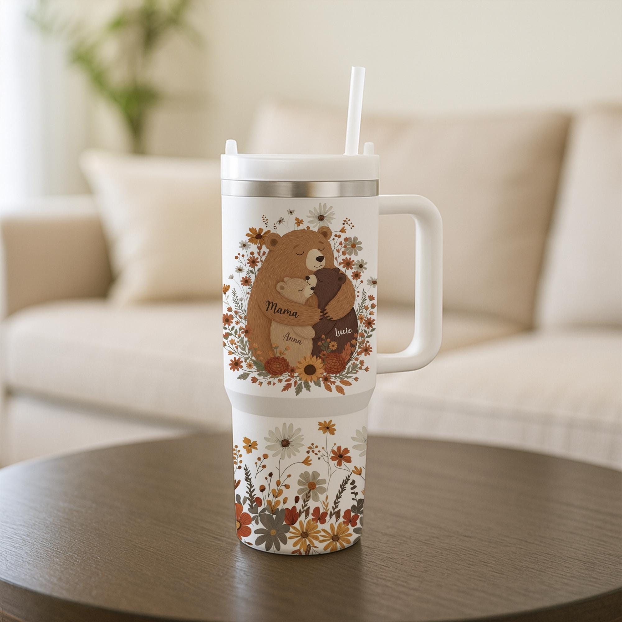 Personalized Mama Bear Tumbler: Boho Wildflower Mom Gift