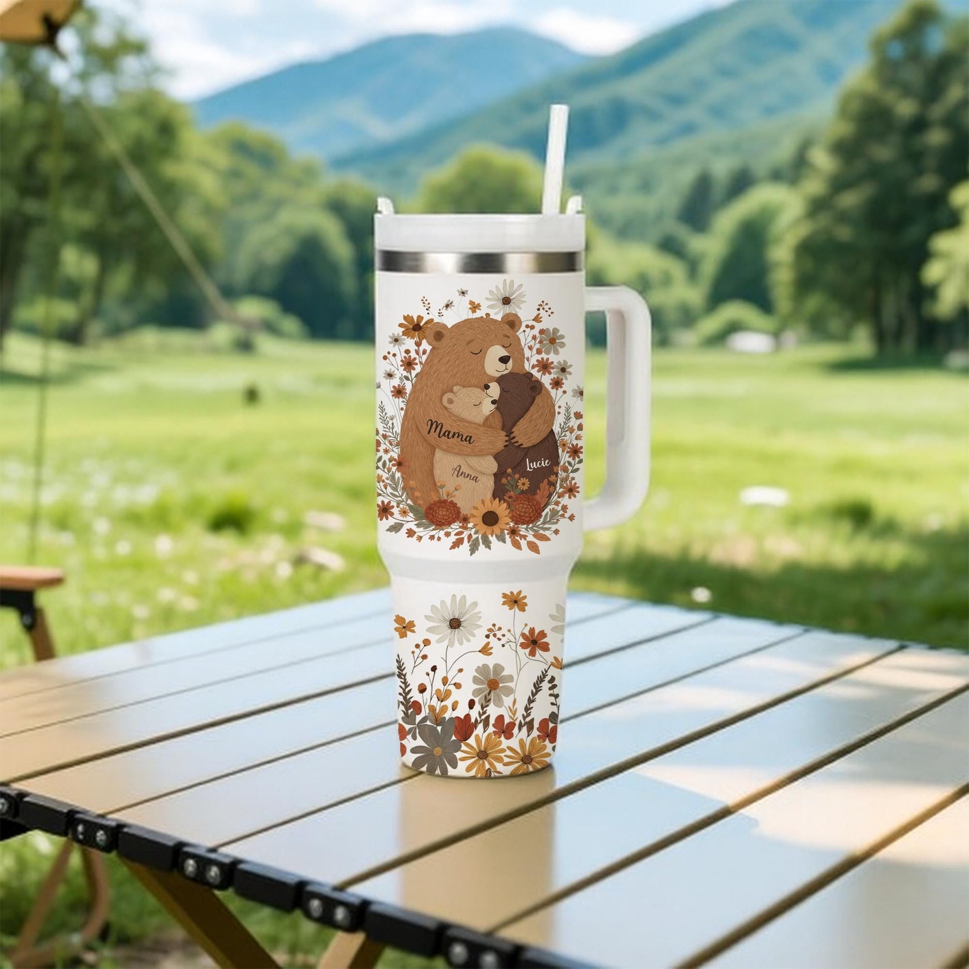 Personalized Mama Bear Tumbler: Boho Wildflower Mom Gift