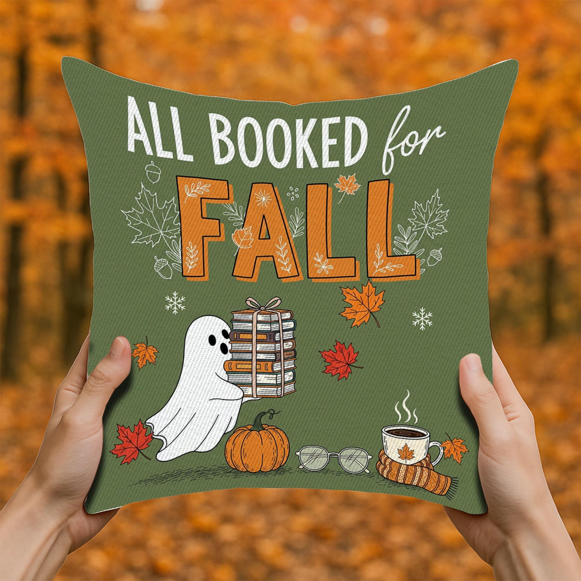 All Booked for Fall Pillow | Cute Ghost Autumn Decor | Book Lover Halloween Throw Pillow | Cozy Fall Home Decoration Gift