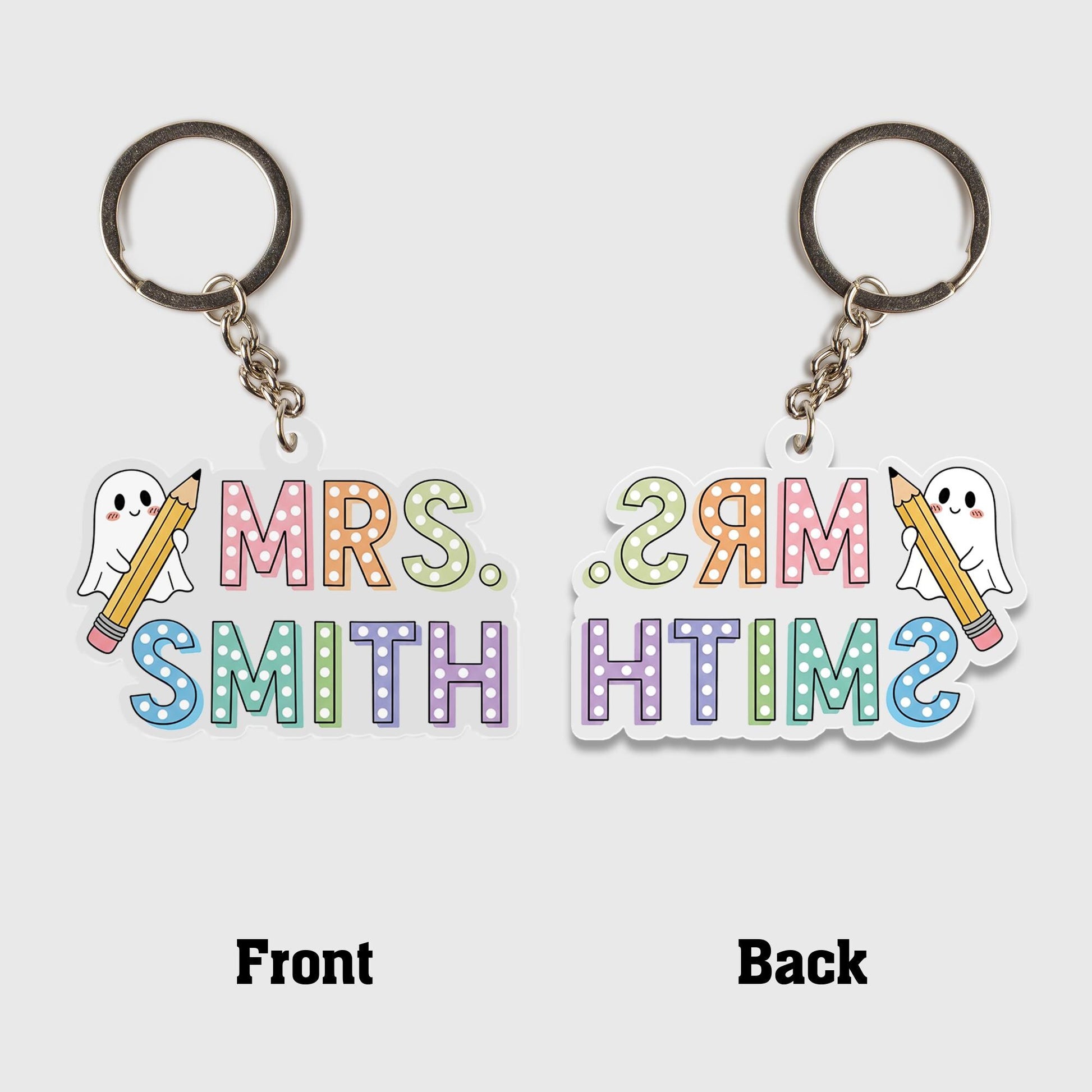 Personalized Teacher Keychain: Acrylic Rainbow Pencil & Ghost Key Ring