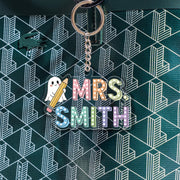 Personalized Teacher Keychain: Acrylic Rainbow Pencil & Ghost Key Ring