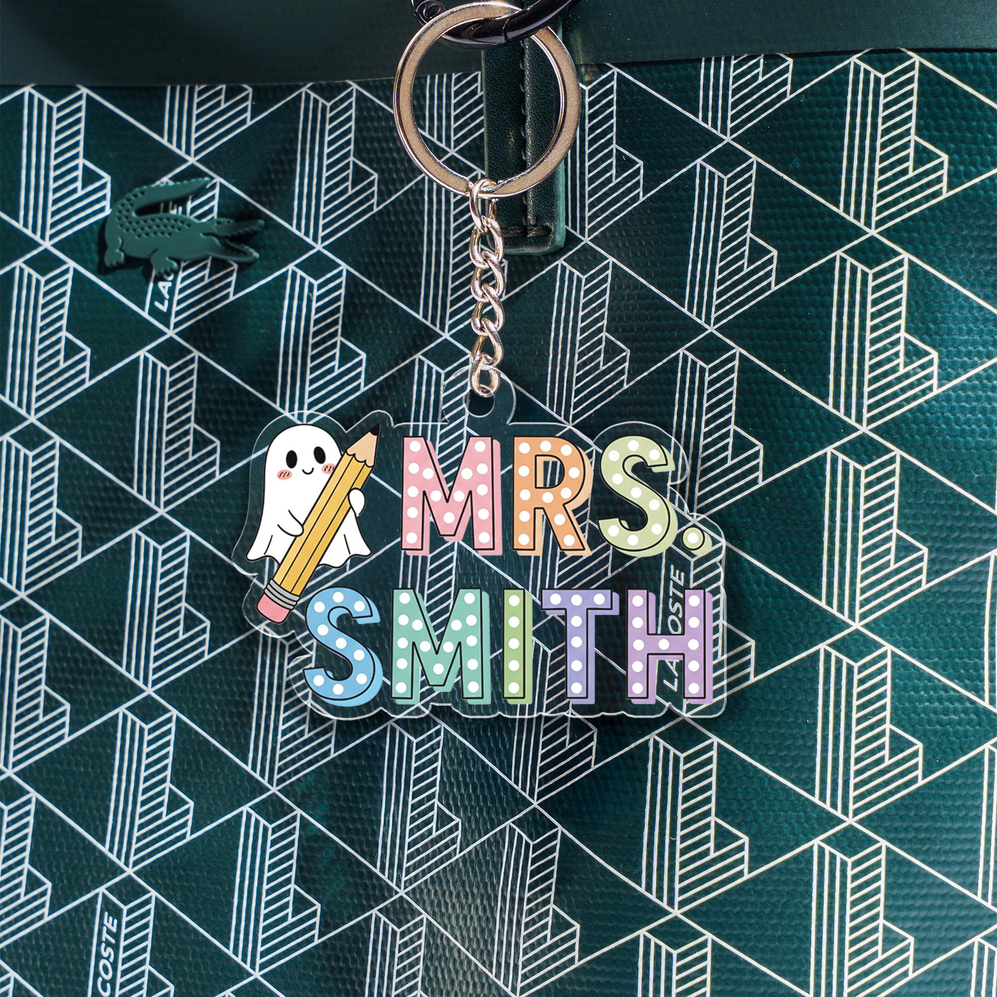 Personalized Teacher Keychain: Acrylic Rainbow Pencil & Ghost Key Ring