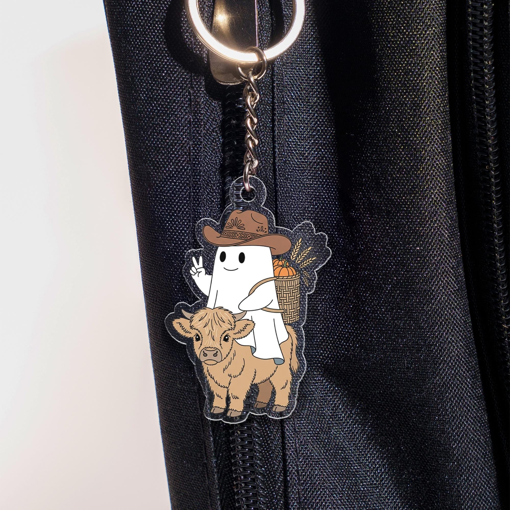 Cute Ghost Cowboy Keychain – Kawaii Farm Animal Rider Acrylic Keychain with Highland Cow, Fall Harvest Basket, Country Western Gift