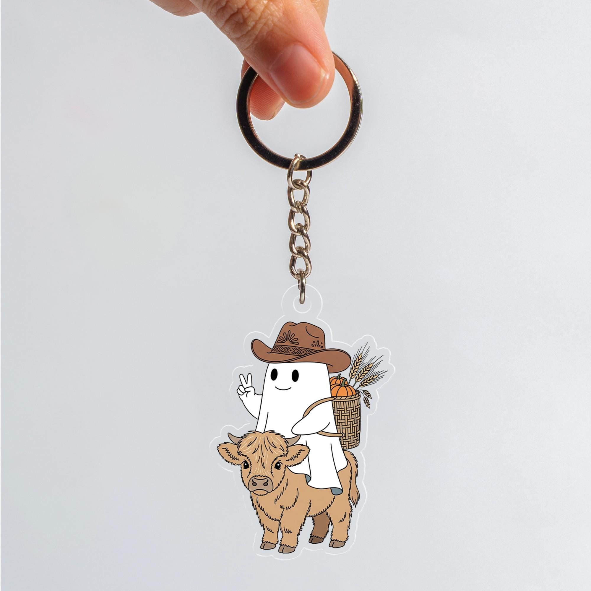 Cute Ghost Cowboy Keychain – Kawaii Farm Animal Rider Acrylic Keychain with Highland Cow, Fall Harvest Basket, Country Western Gift