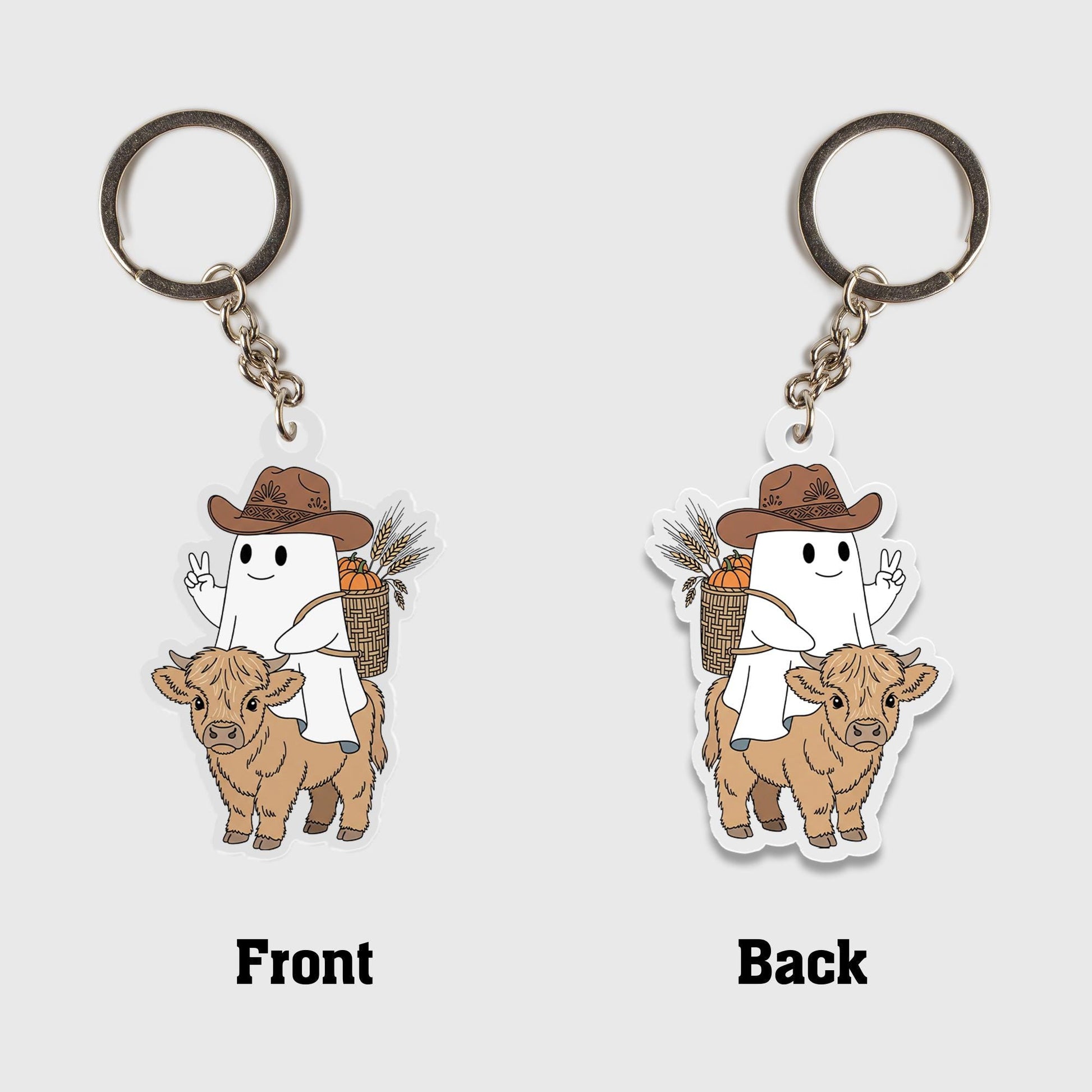 Cute Ghost Cowboy Keychain – Kawaii Farm Animal Rider Acrylic Keychain with Highland Cow, Fall Harvest Basket, Country Western Gift