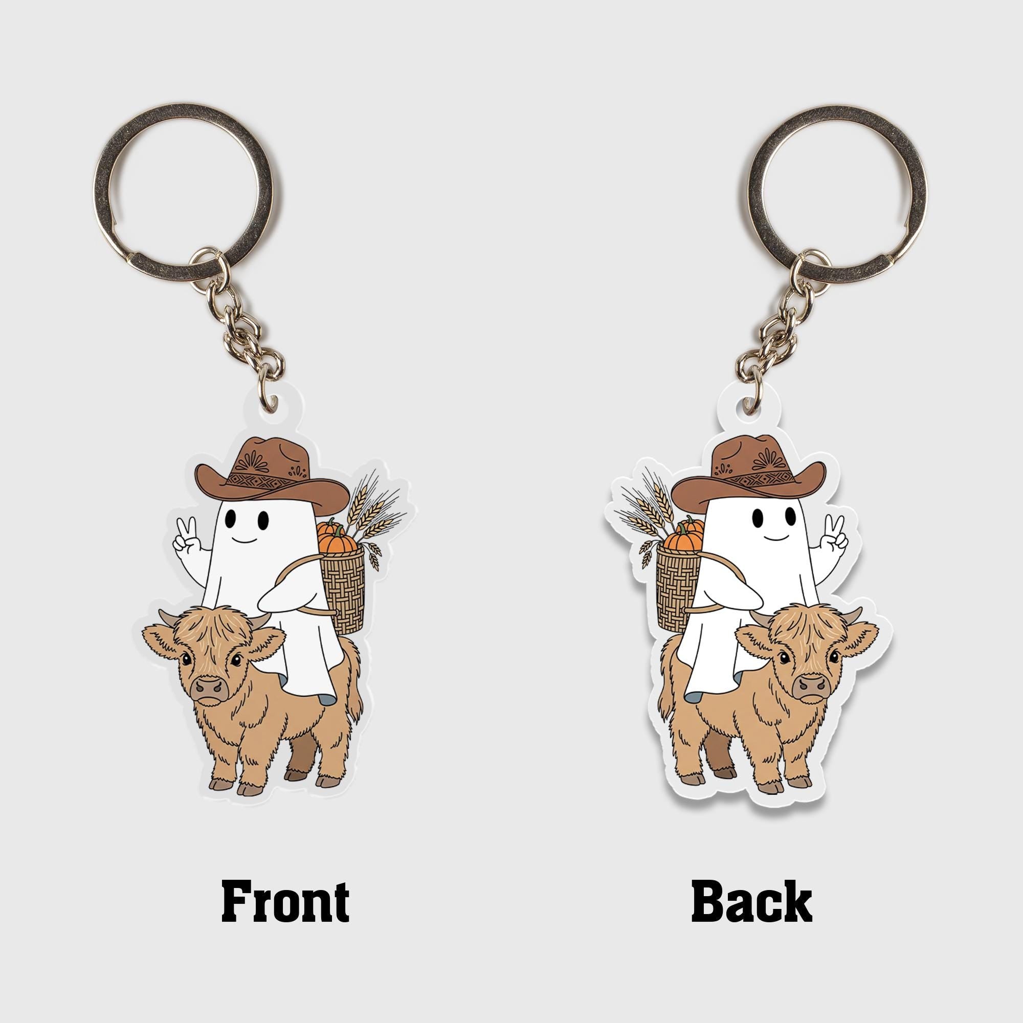 Cute Ghost Cowboy Keychain – Kawaii Farm Animal Rider Acrylic Keychain with Highland Cow, Fall Harvest Basket, Country Western Gift