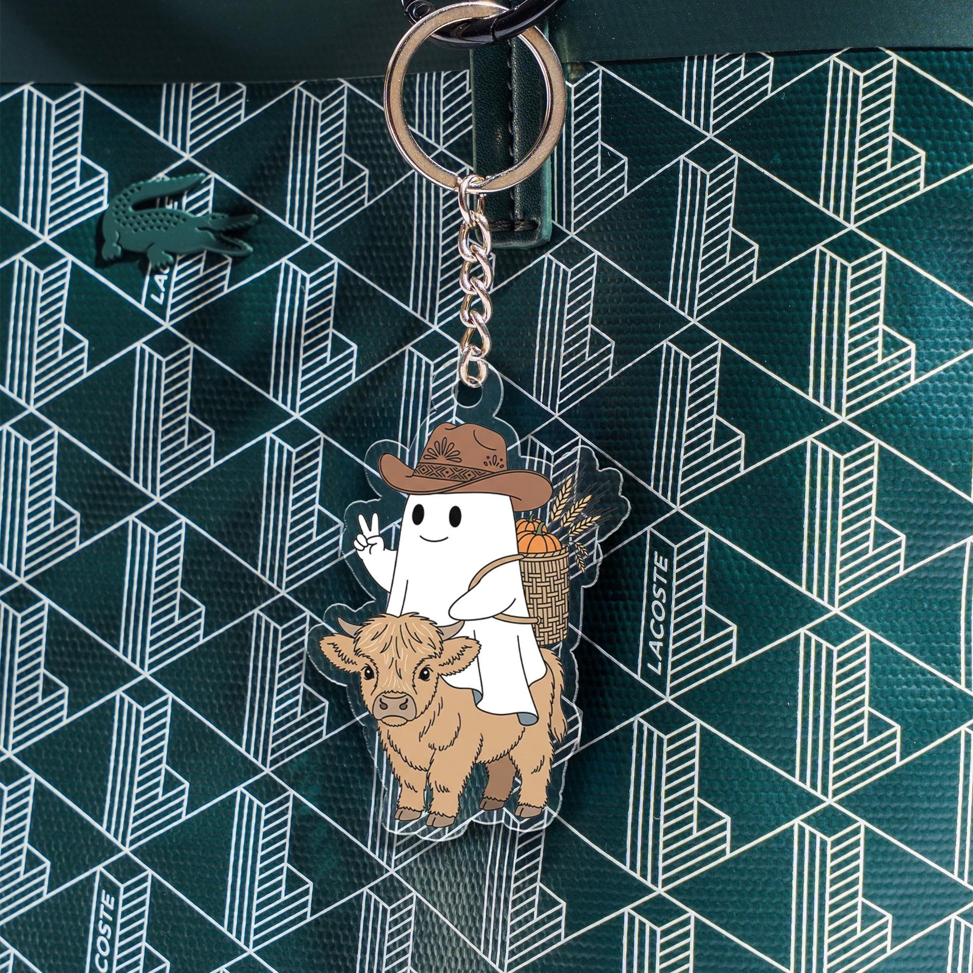 Cute Ghost Cowboy Keychain – Kawaii Farm Animal Rider Acrylic Keychain with Highland Cow, Fall Harvest Basket, Country Western Gift