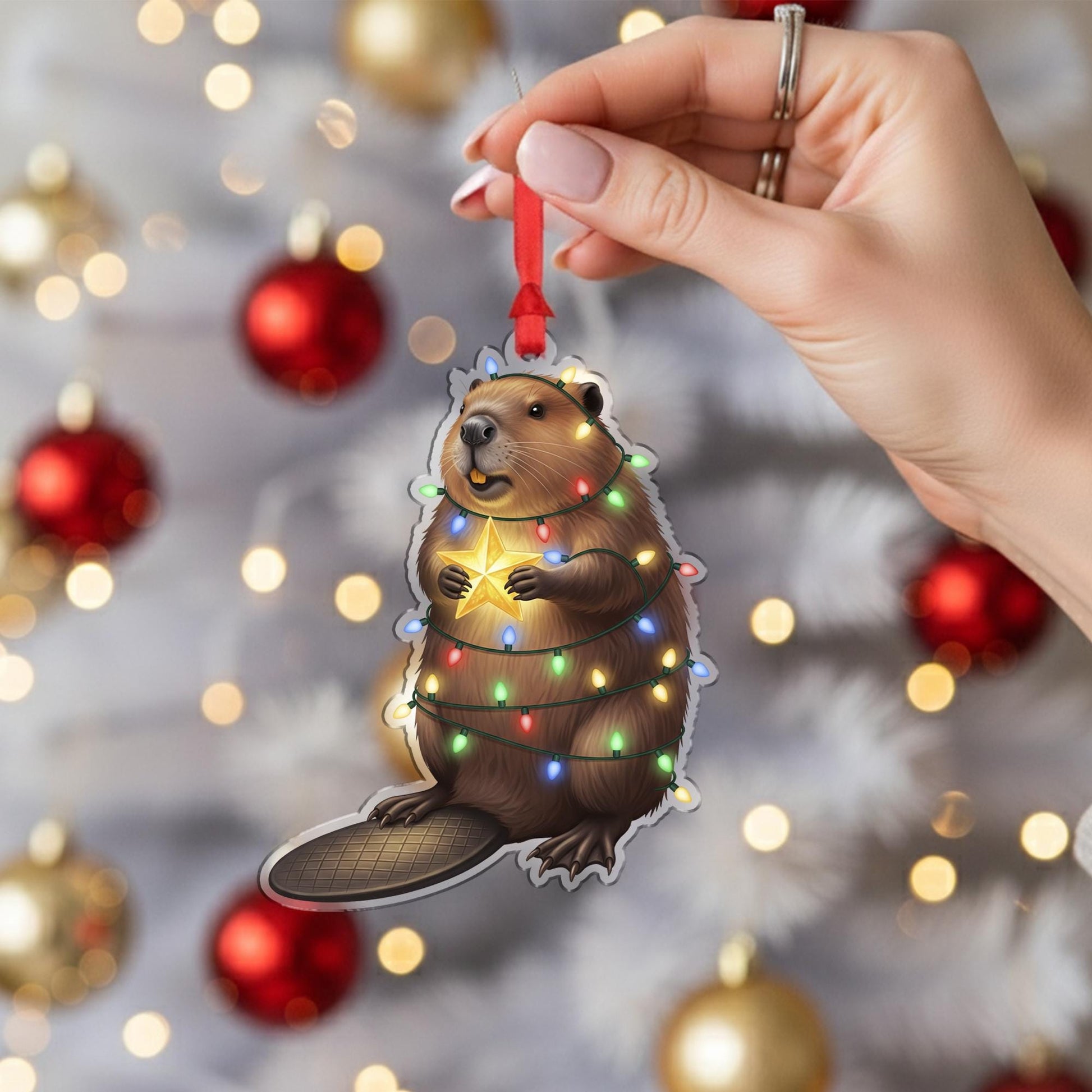 Beaver Christmas Ornament – Cute Holiday Tree Decoration, Funny Woodland Animal Gift, Beaver Holding Star Wrapped in Lights
