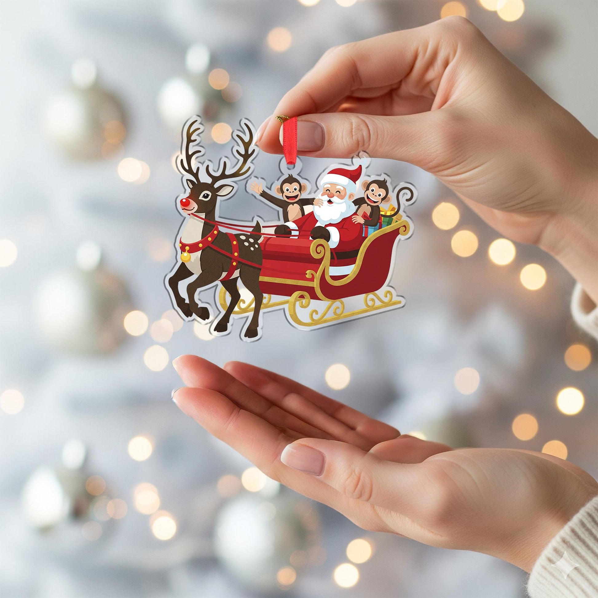 Santa Sleigh Ornament with Reindeer and Monkeys: Christmas Tree Decoration