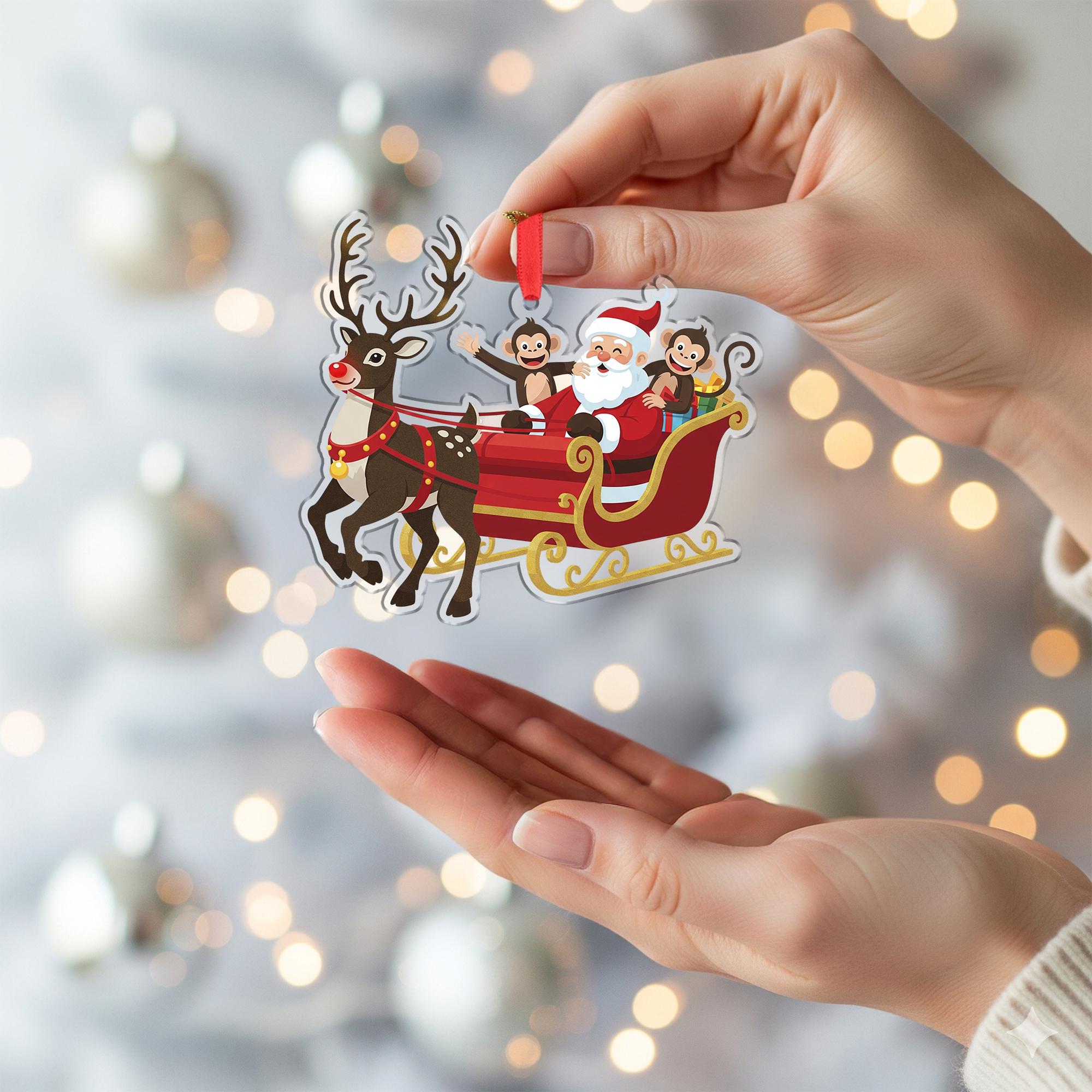 Santa Sleigh Ornament with Reindeer and Monkeys: Christmas Tree Decoration